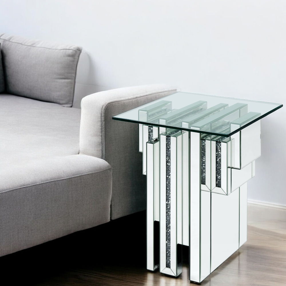 Noralie - 20" End Table With Faux Diamonds - Mirrored, silver, view 3