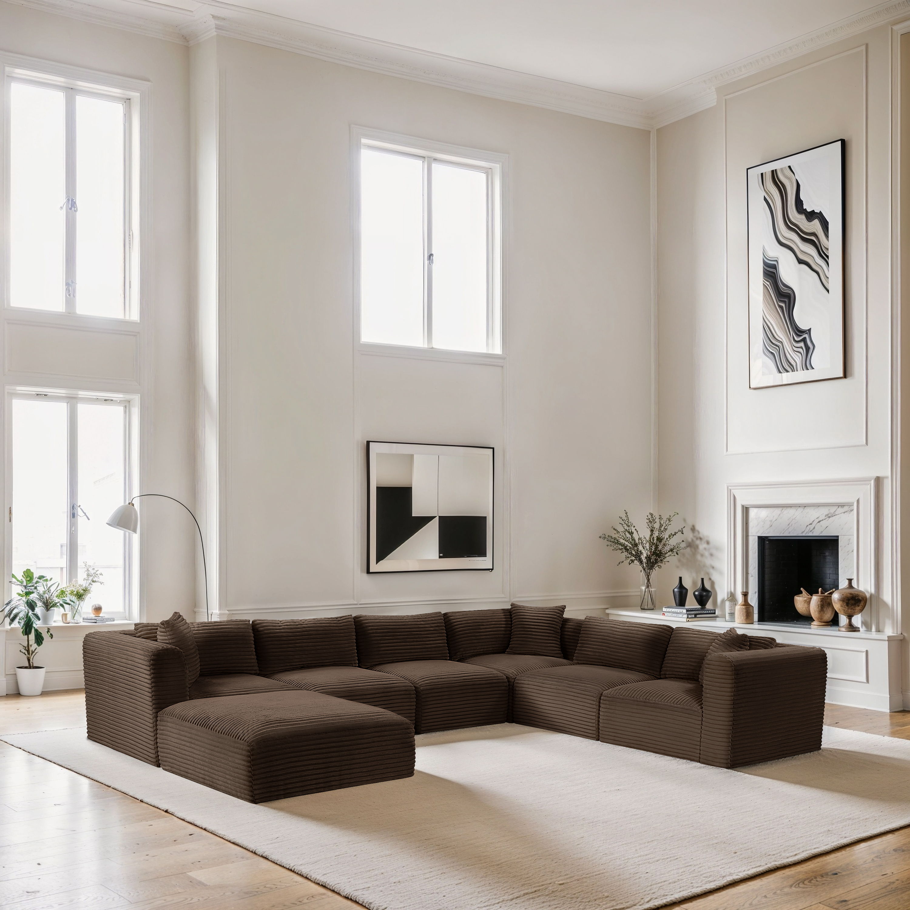 Shaggy - 7 Piece Modular U-Shaped Sectional With Ottoman - Brown