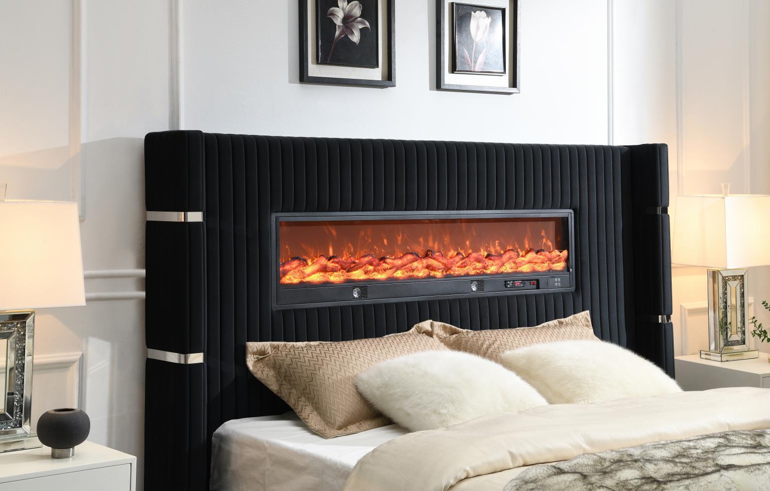 B543 - Velvet King Bed With Fireplace & Bluetooth Speaker & USB - Black