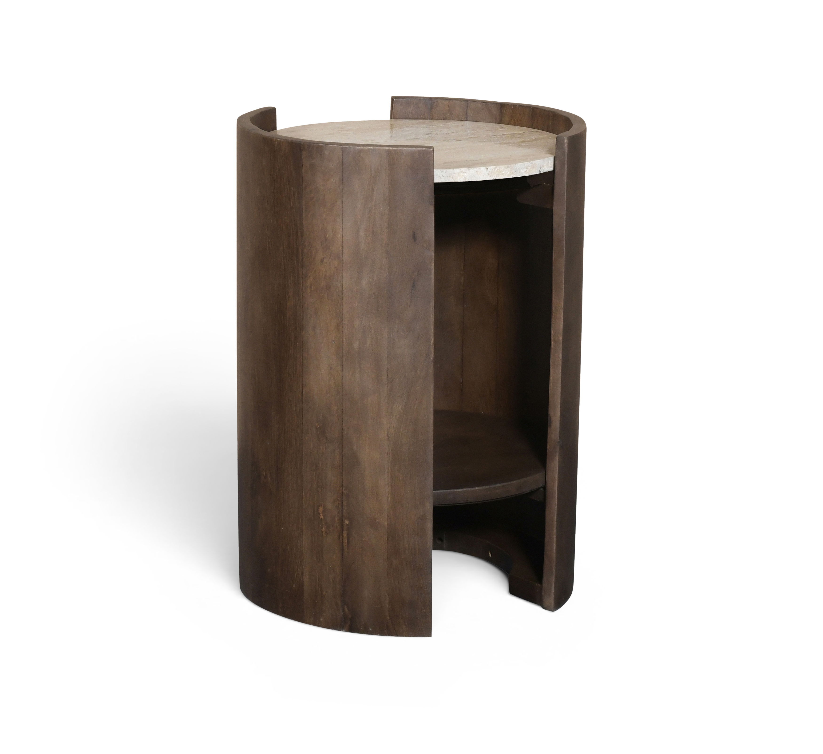 Solstice - Travertine And Mango Wood End Table - Brown / Beige