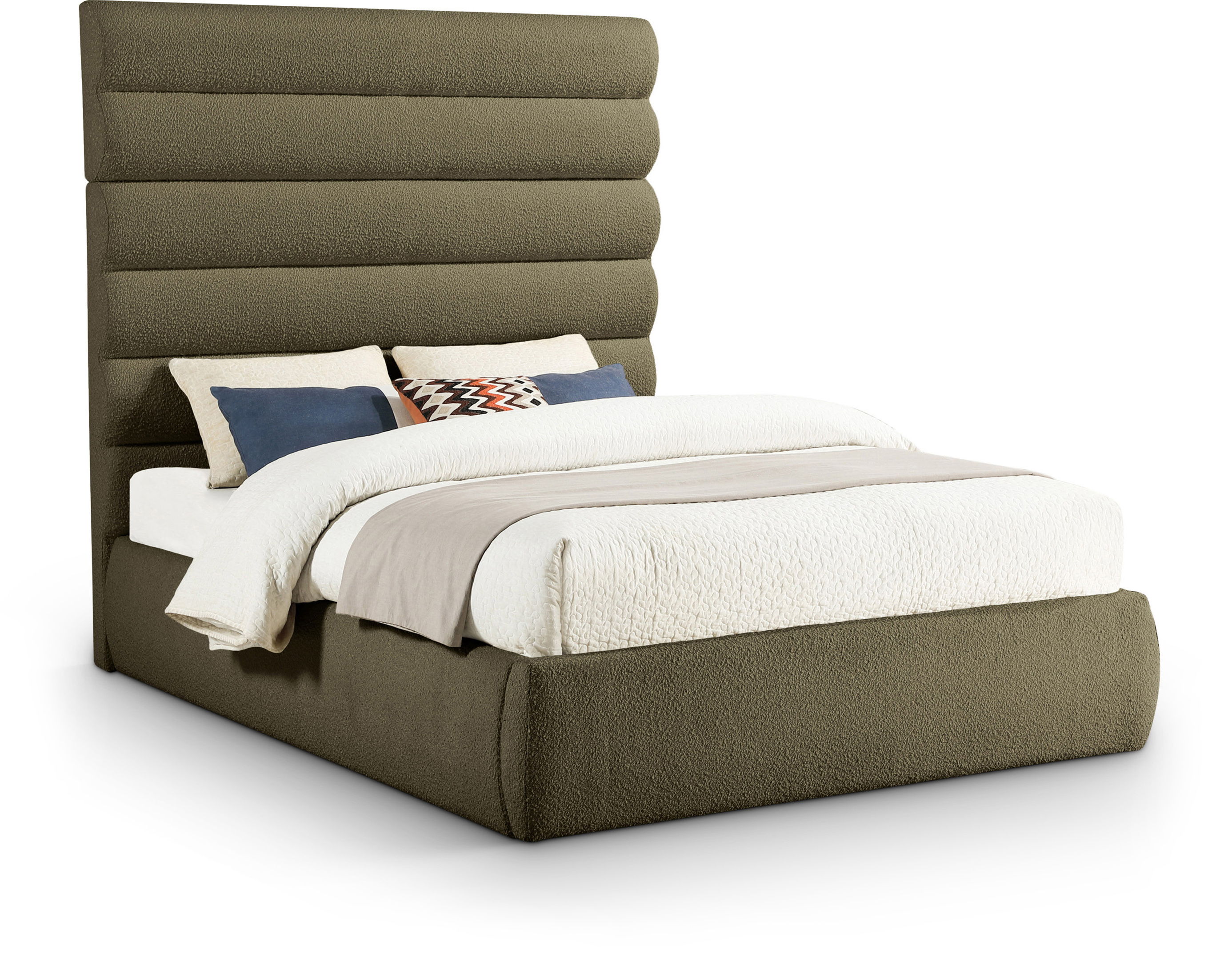 Adam - Boucle Fabric Queen Bed With 70.5" Headboard - Olive