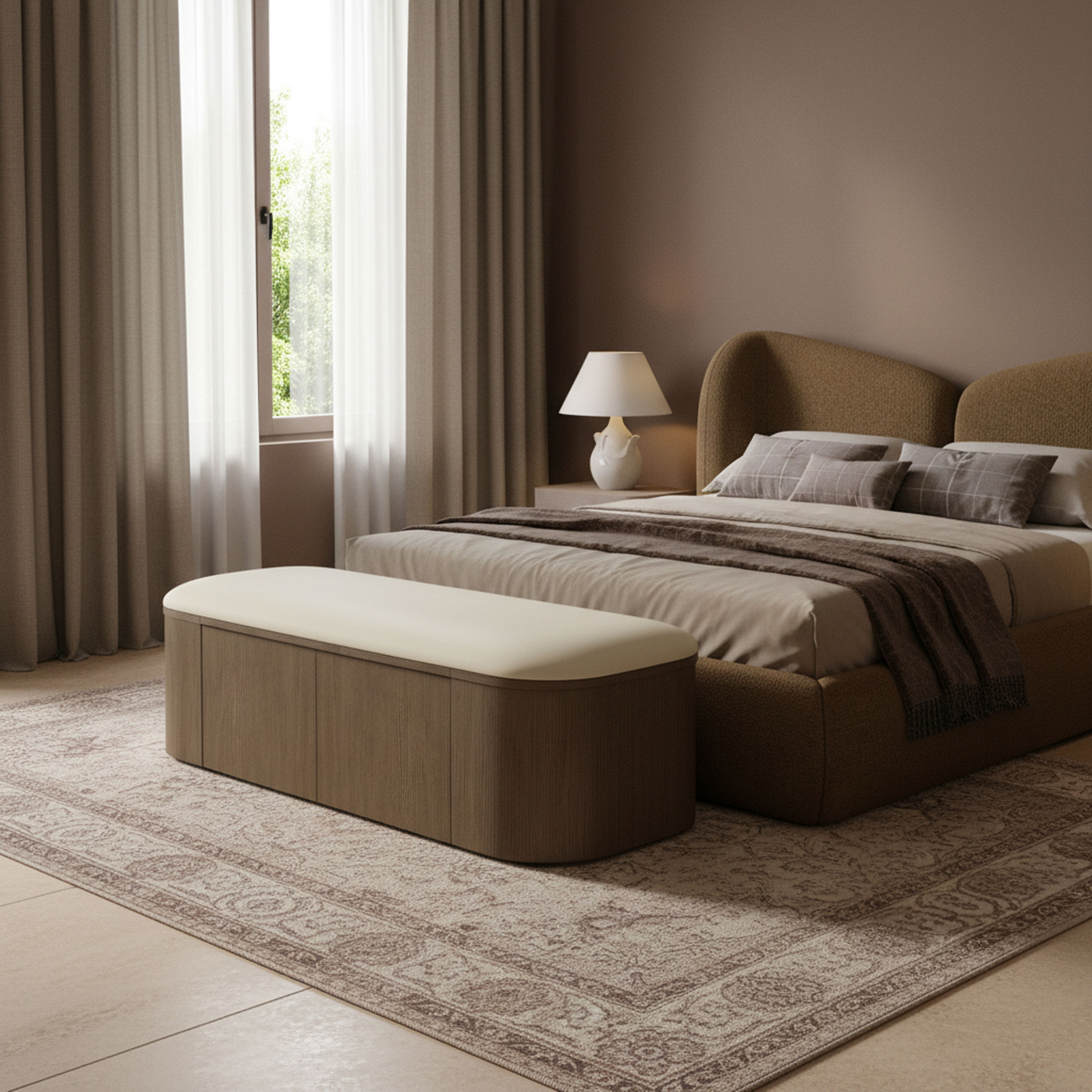 Velden - Vegan Leather Upholstered Storage Bench - Cream / Stained Brown