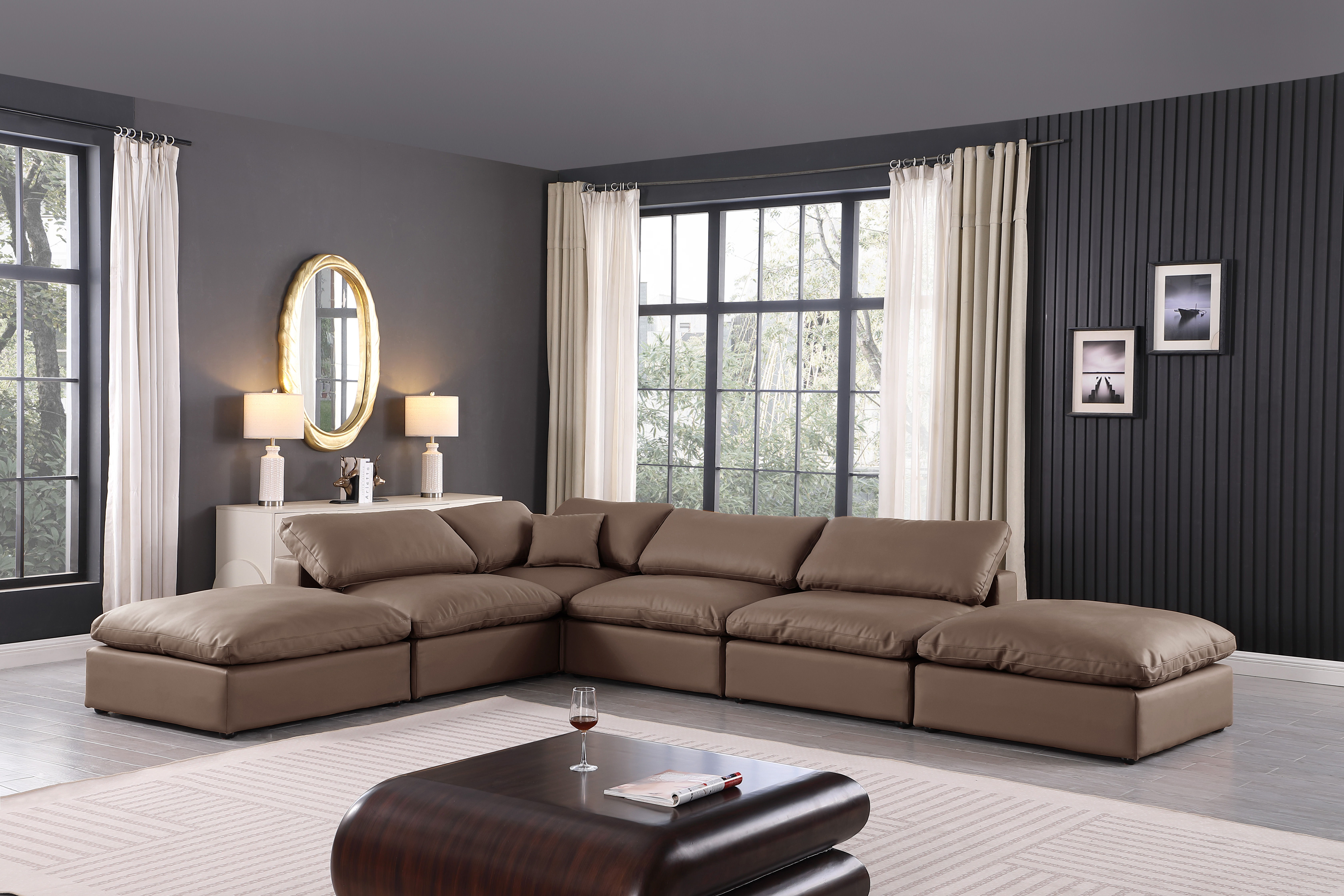 Comfy - 6 Piece Faux Leather Modular Sectional - Brown