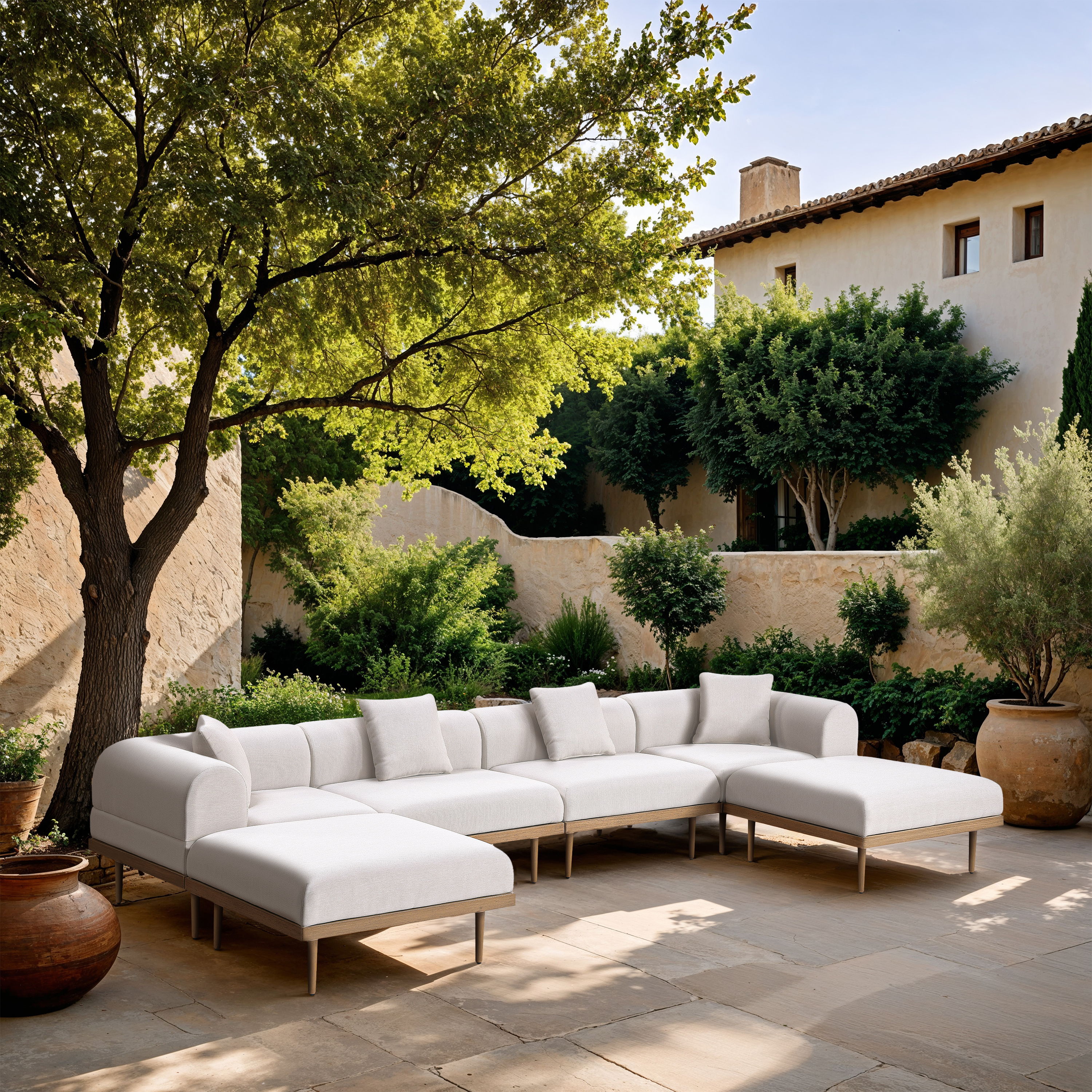 Laguna - 6 Piece Resilient Water Resistant Fabric 142" Upholstered Outdoor Patio Modular Sectional - Cream
