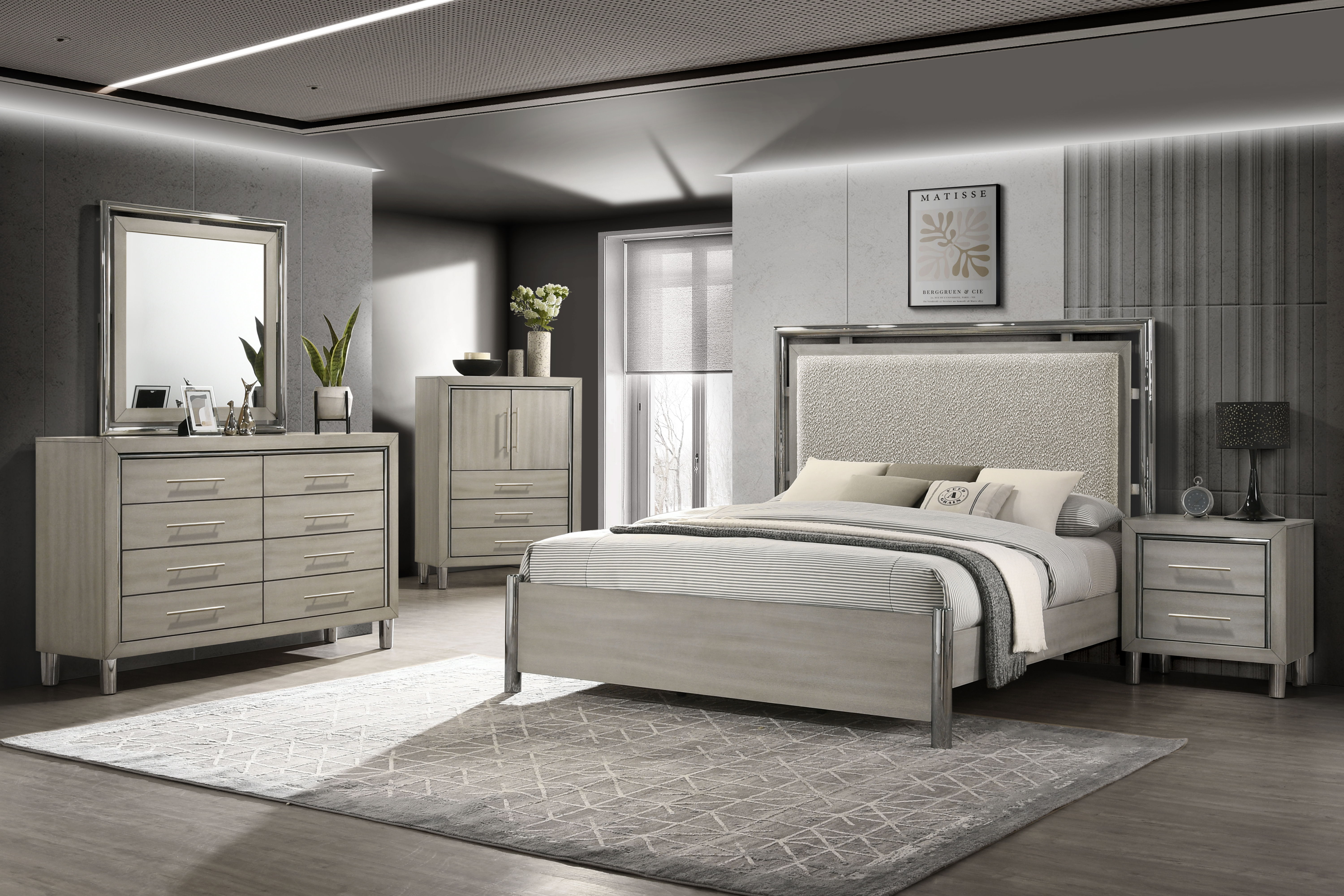 Lennox - 5/0 Queen 5 Piece Bedroom Set (Bed, Dresser, Mirror, Chest, Nightstand) - Gray / Silver