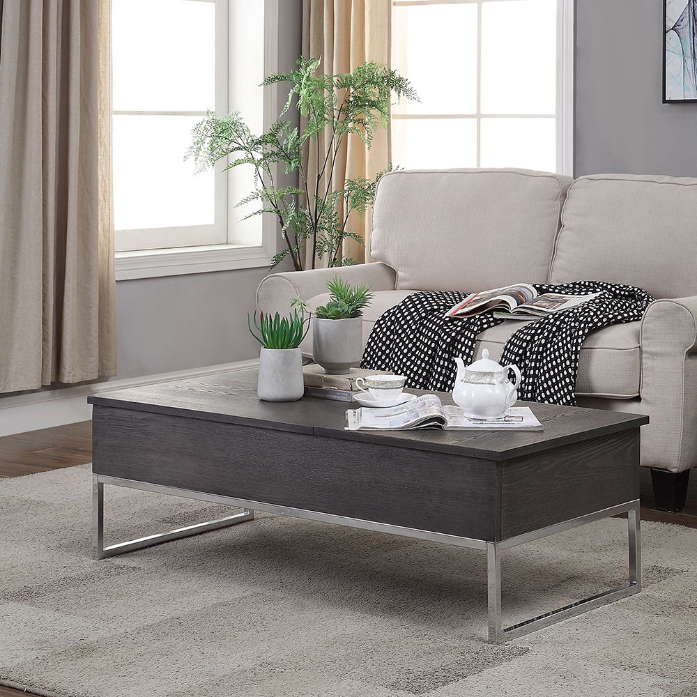 Iban - Coffee Table With Lift Top - Gray Oak & Chrome, dark gray