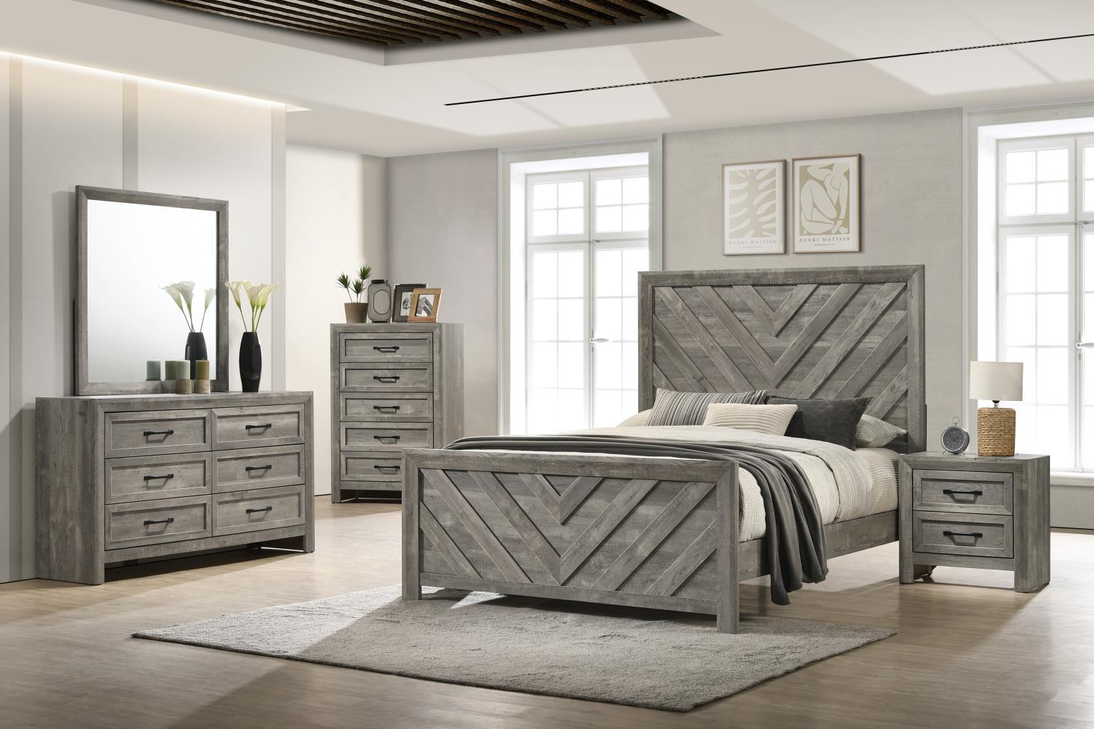 B402 - 5 Piece Bedroom Set (King Bed Frame, Dresser, Mirror, Chest, Nightstand) - Gray