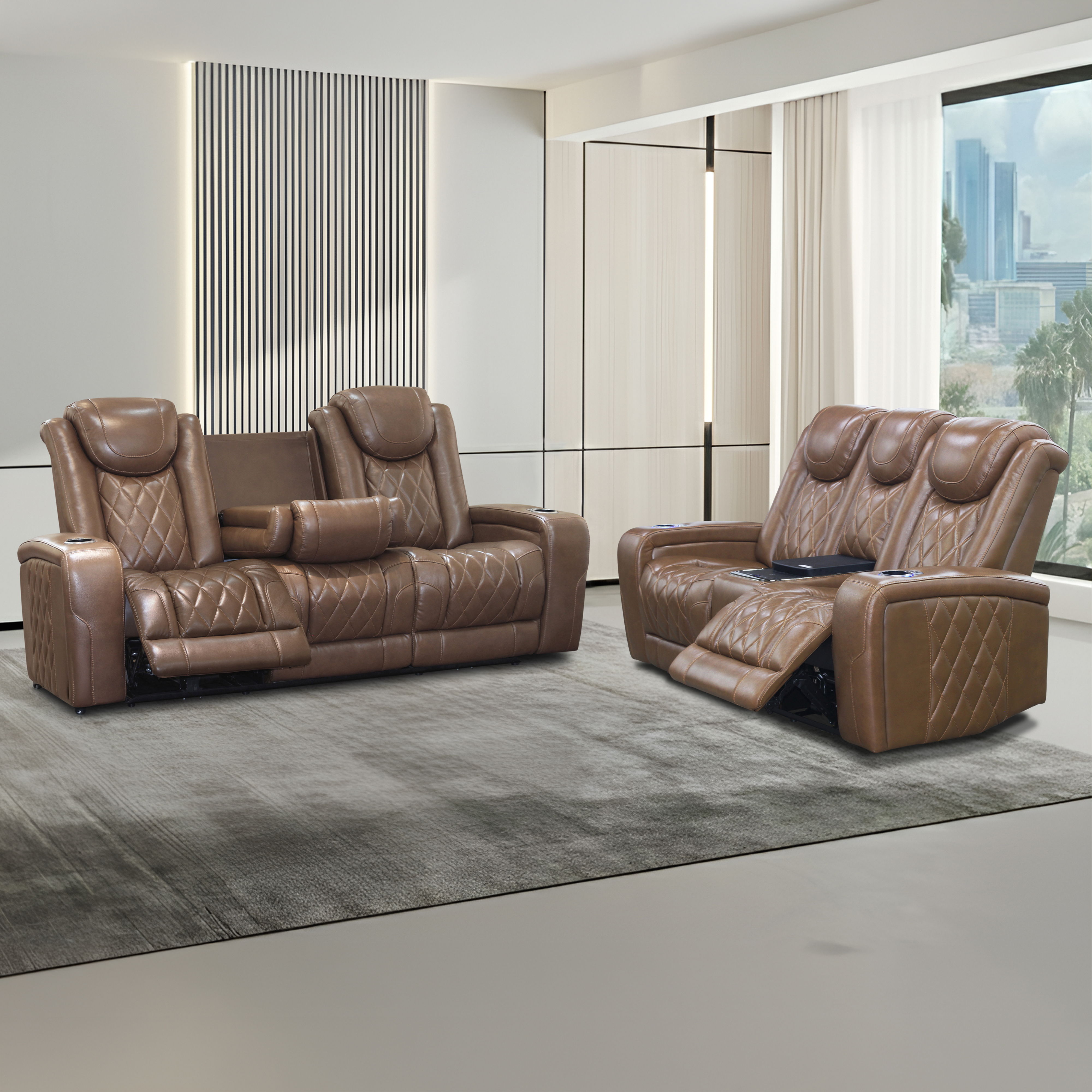 Dorian - 2 Piece P2 Sofa/Loveseat With Power Headrest, Footrest & Cooler - Dark Brown, dark brown