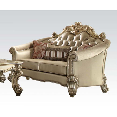 Vendome II - Loveseat With 3 Pillows - Bone Synthetic Leather & Gold Patina, beige