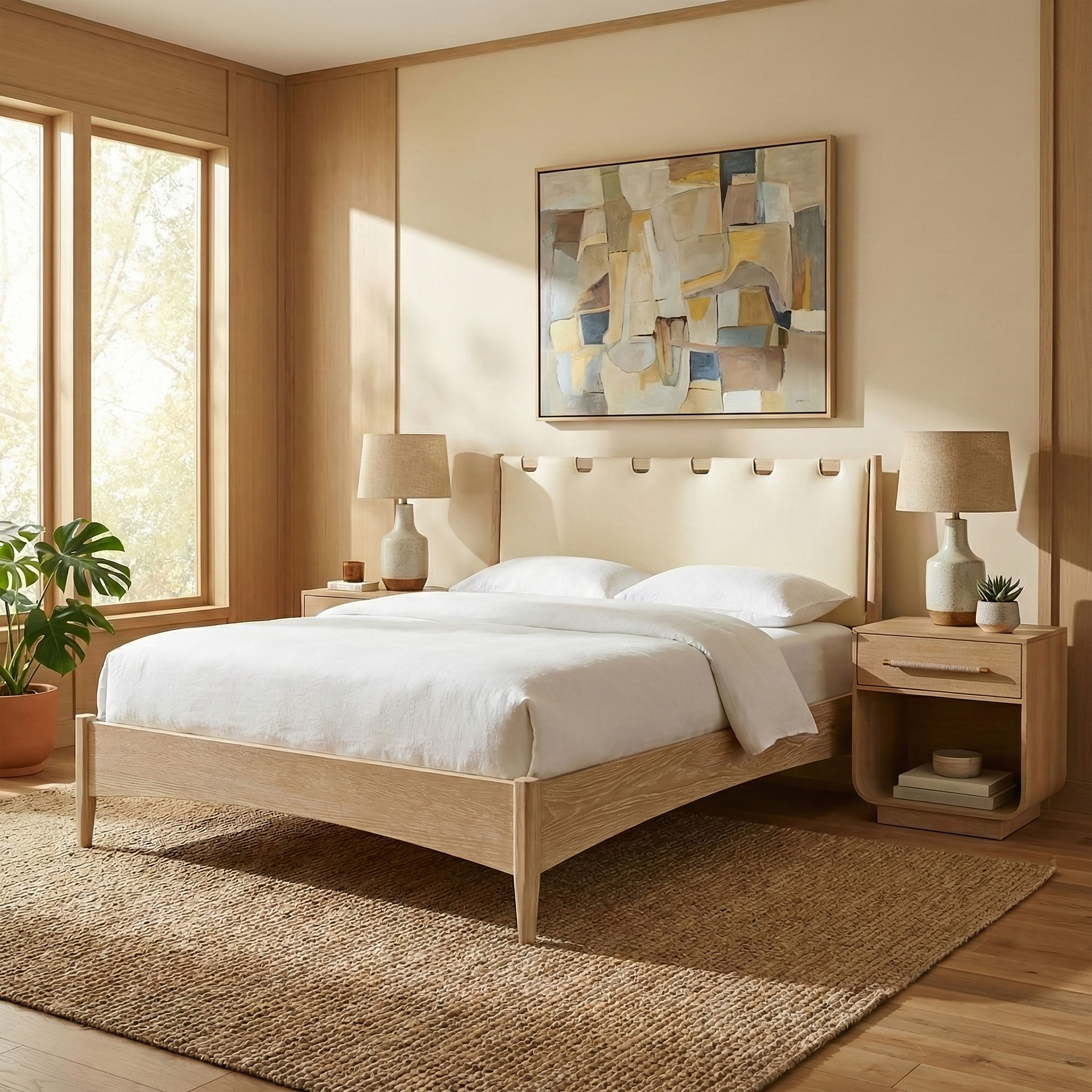 Santos - Vegan Leather Headboard And Wood Full Bed - Cream