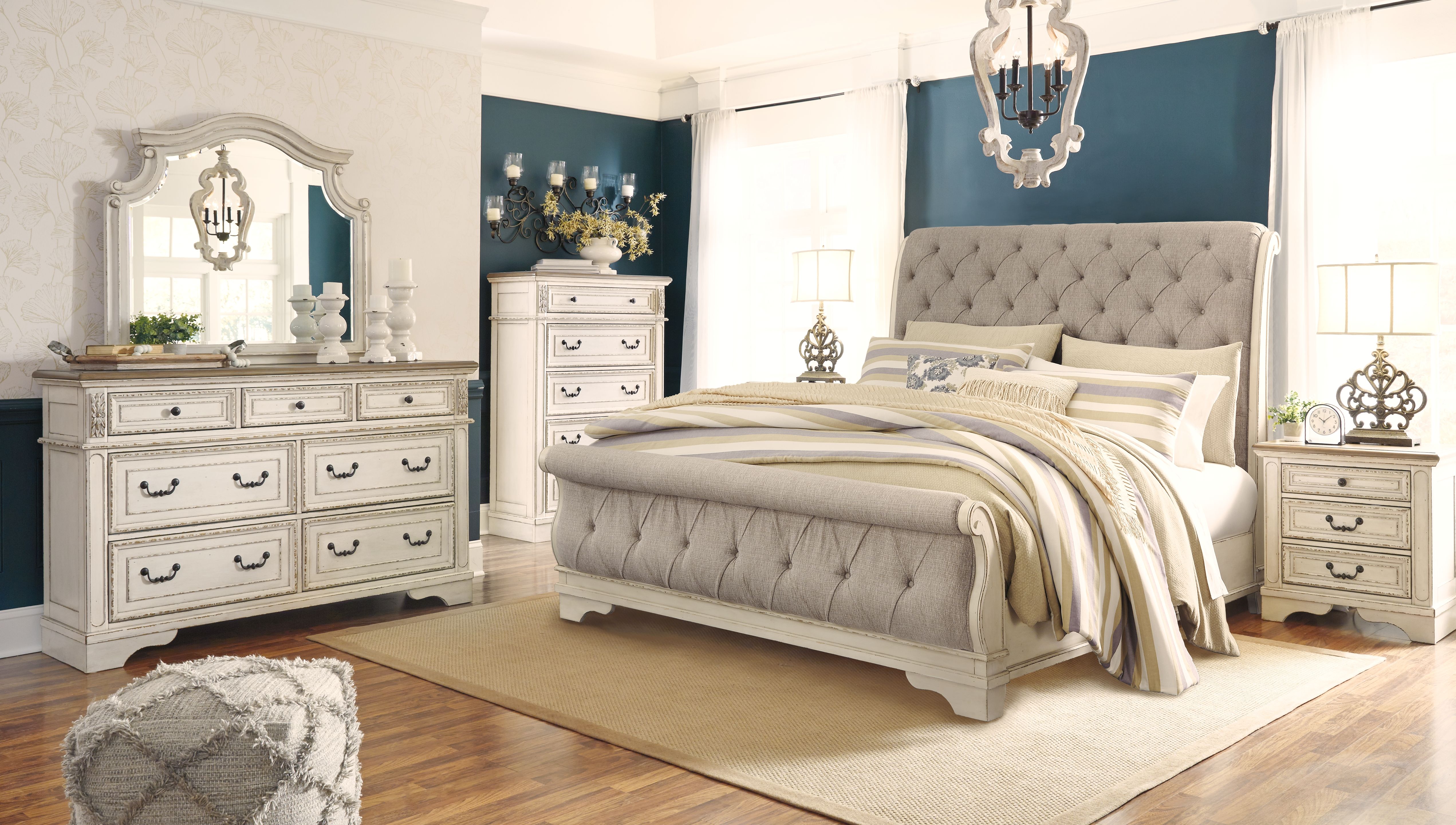 Ashley Furniture Realyn - California King Upholstered Sleigh Bed - Chipped White - Image 8
