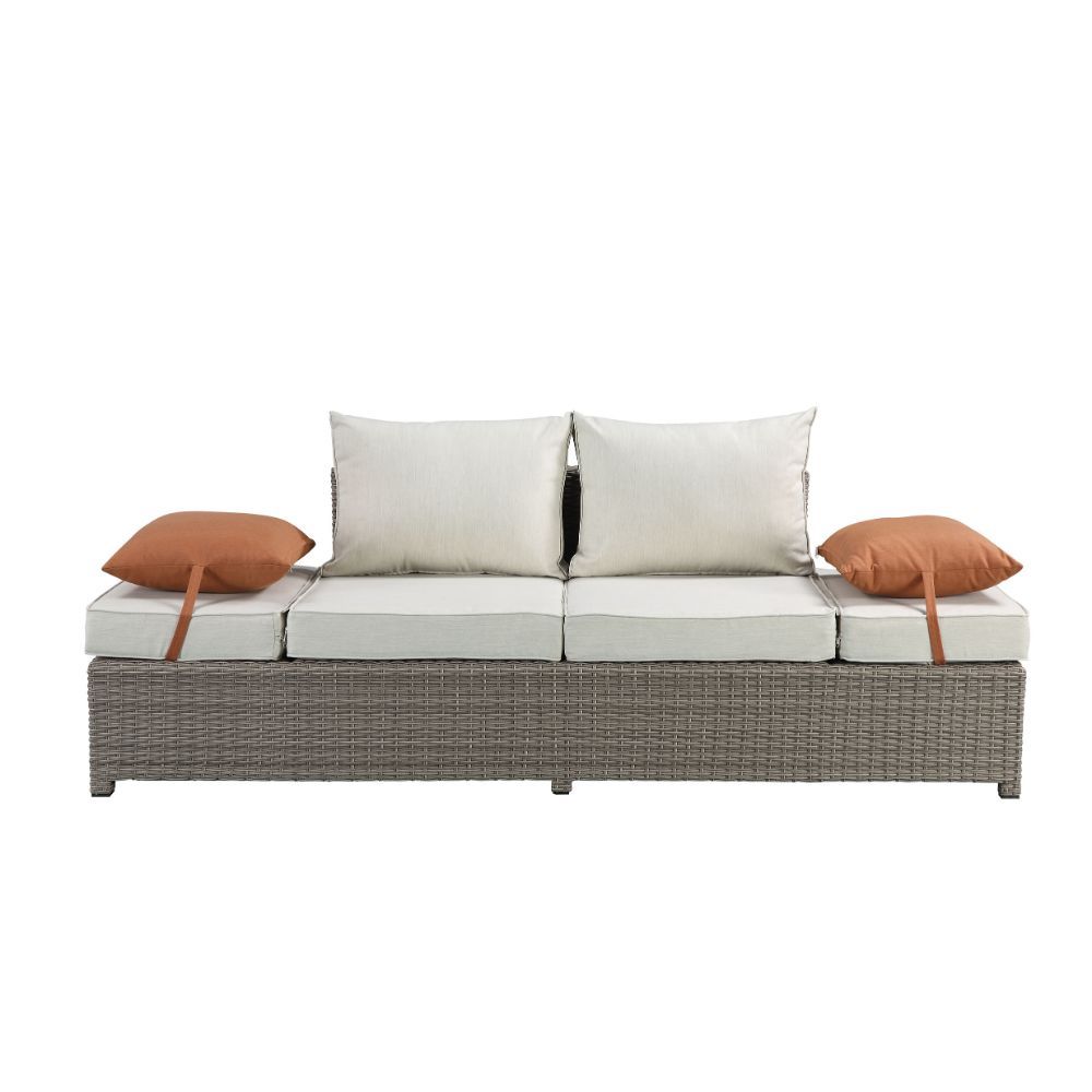 Salena - Patio Sofa With 2 Pillows & Ottoman - Beige Fabric & Gray Wicker, beige, view 4