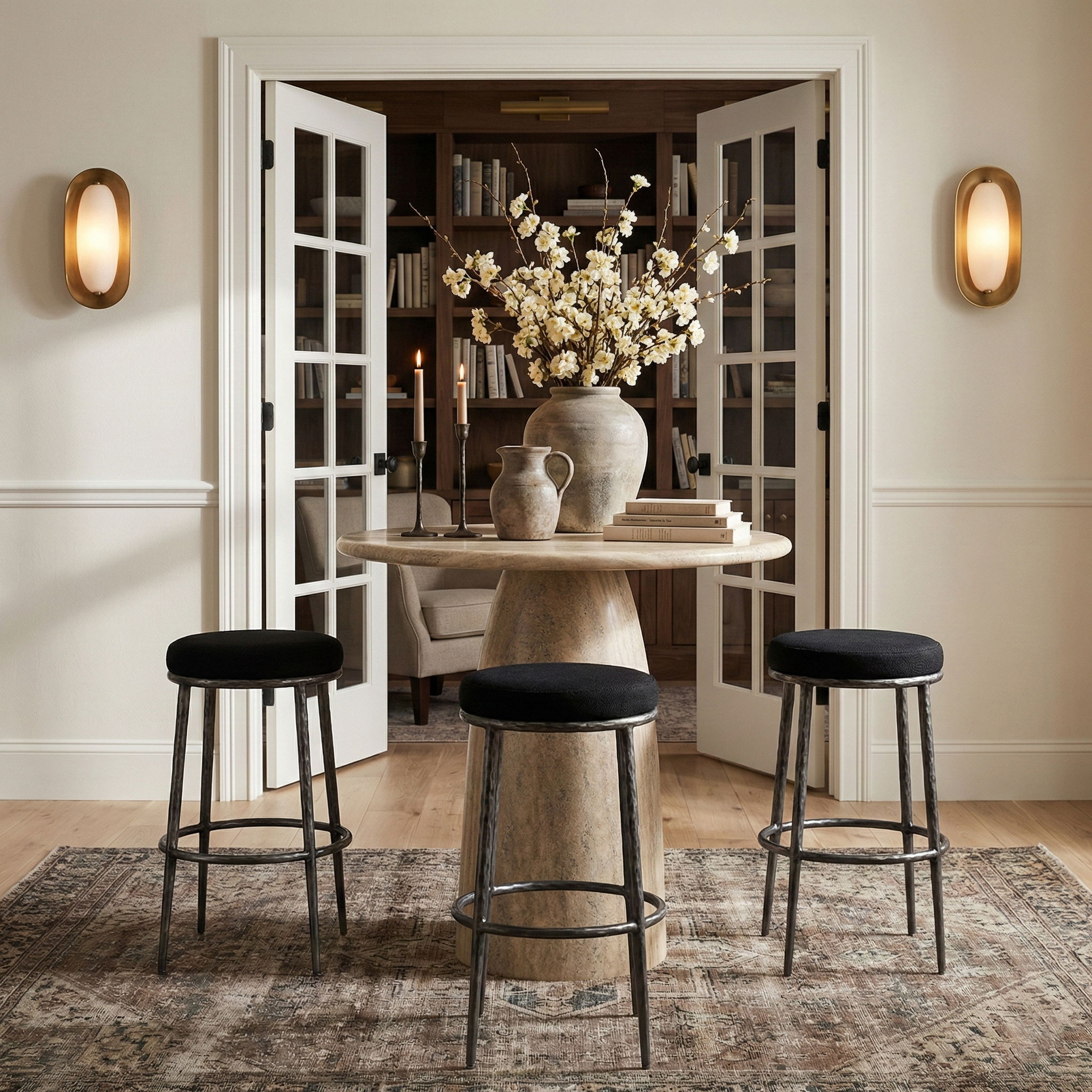 Ferro - Performance Fabric Upholstered Backless Bar Stool - Black / Antique Silver