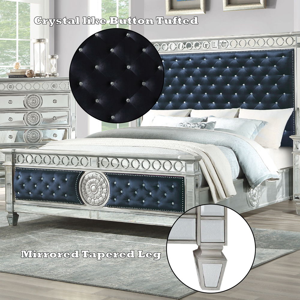 Varian - Queen Bed - Dark Navy Blue Velvet & Mirrored, black, view 3