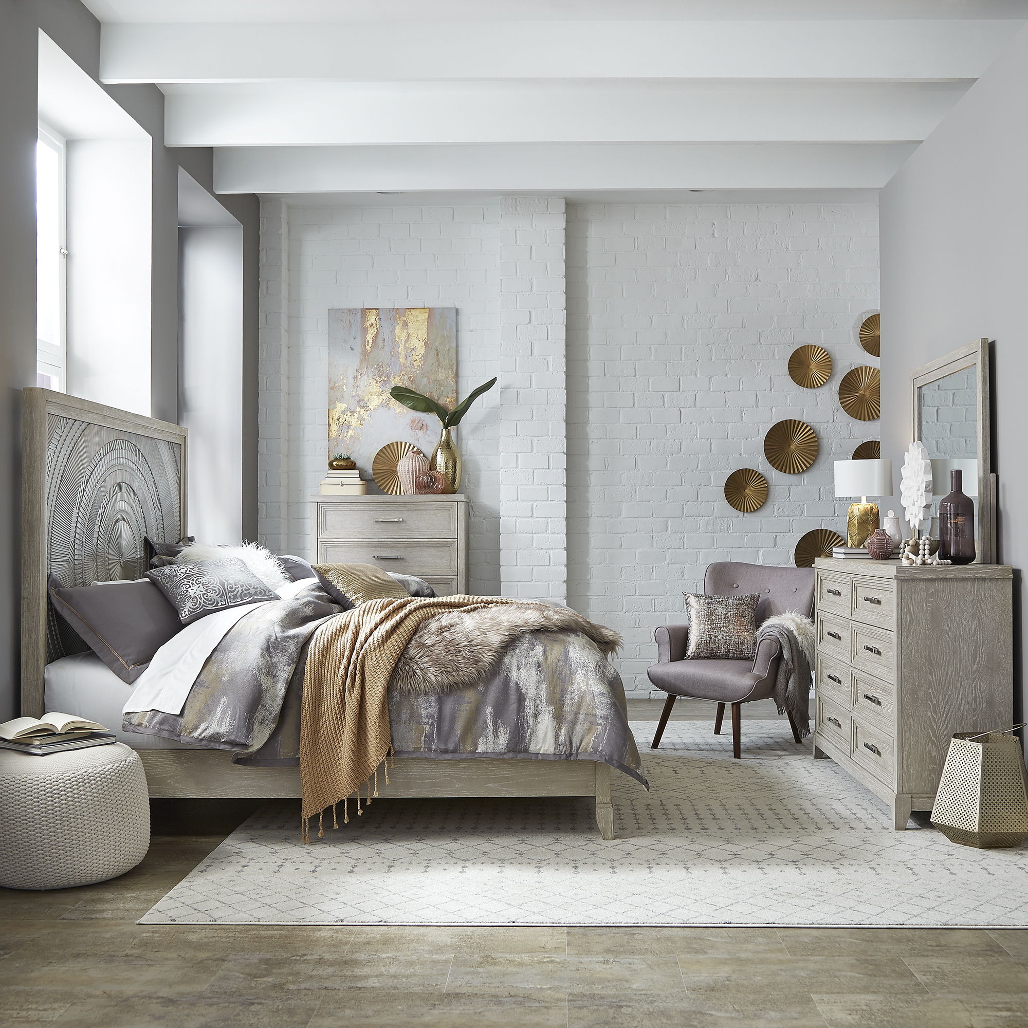 Liberty Furniture Belmar - 4 Piece Bedroom Set (California King Panel Bed, Dresser & Mirror, Chest) - Washed Taupe