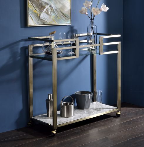 Neilo - Serving Cart - Clear Glass, Faux Marble Top & Wire Brass, silver