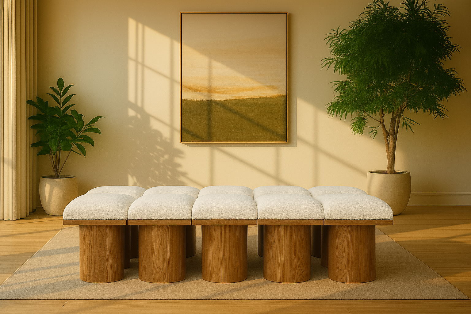 Pavilion - 90" 10 Piece Modular Bench With Brown Base - Cream