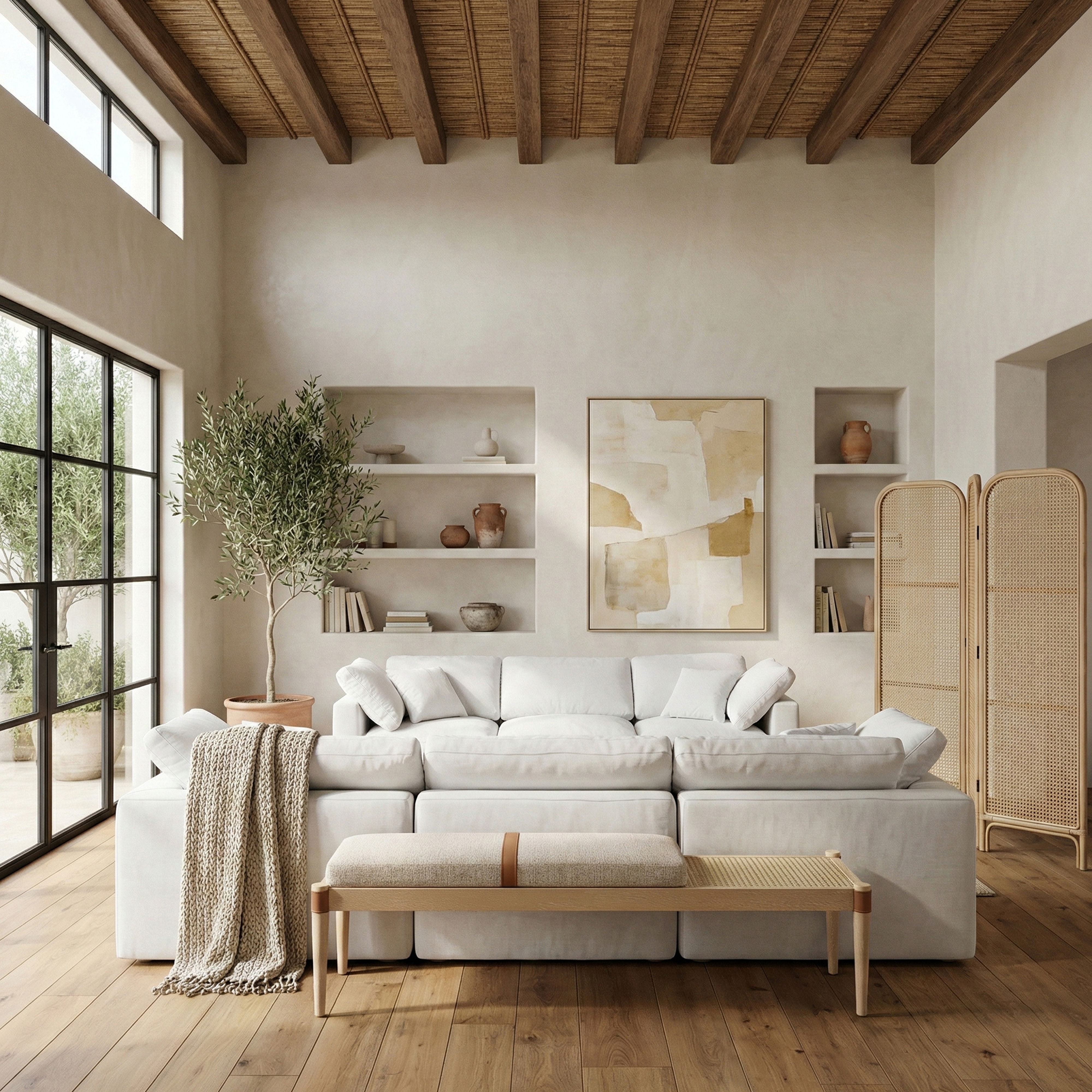Nara - Linen Textured Fabric Upholstered Bench - Beige / Painted Natural