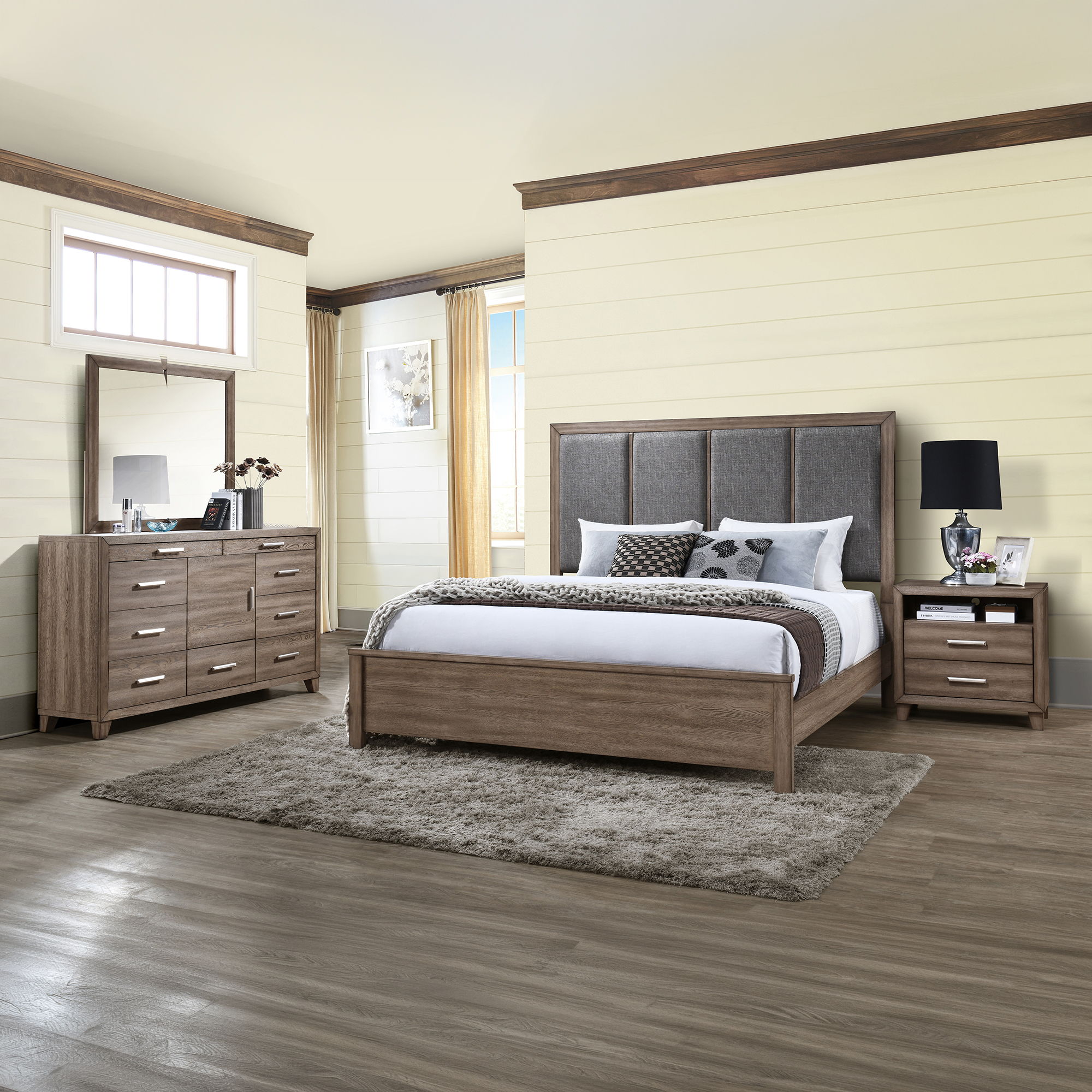 Harrisburg - 6/0 Western King 4 Piece Bedroom Set (Bed, Dresser, Mirror, Nightstand) - Walnut