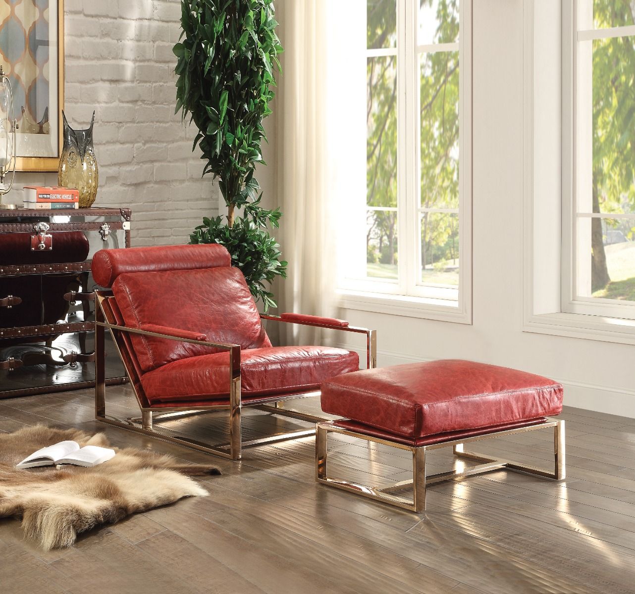 Quinto - Accent Chair - Antique Red Top Grain Leather & Stainless Steel, red, view 3