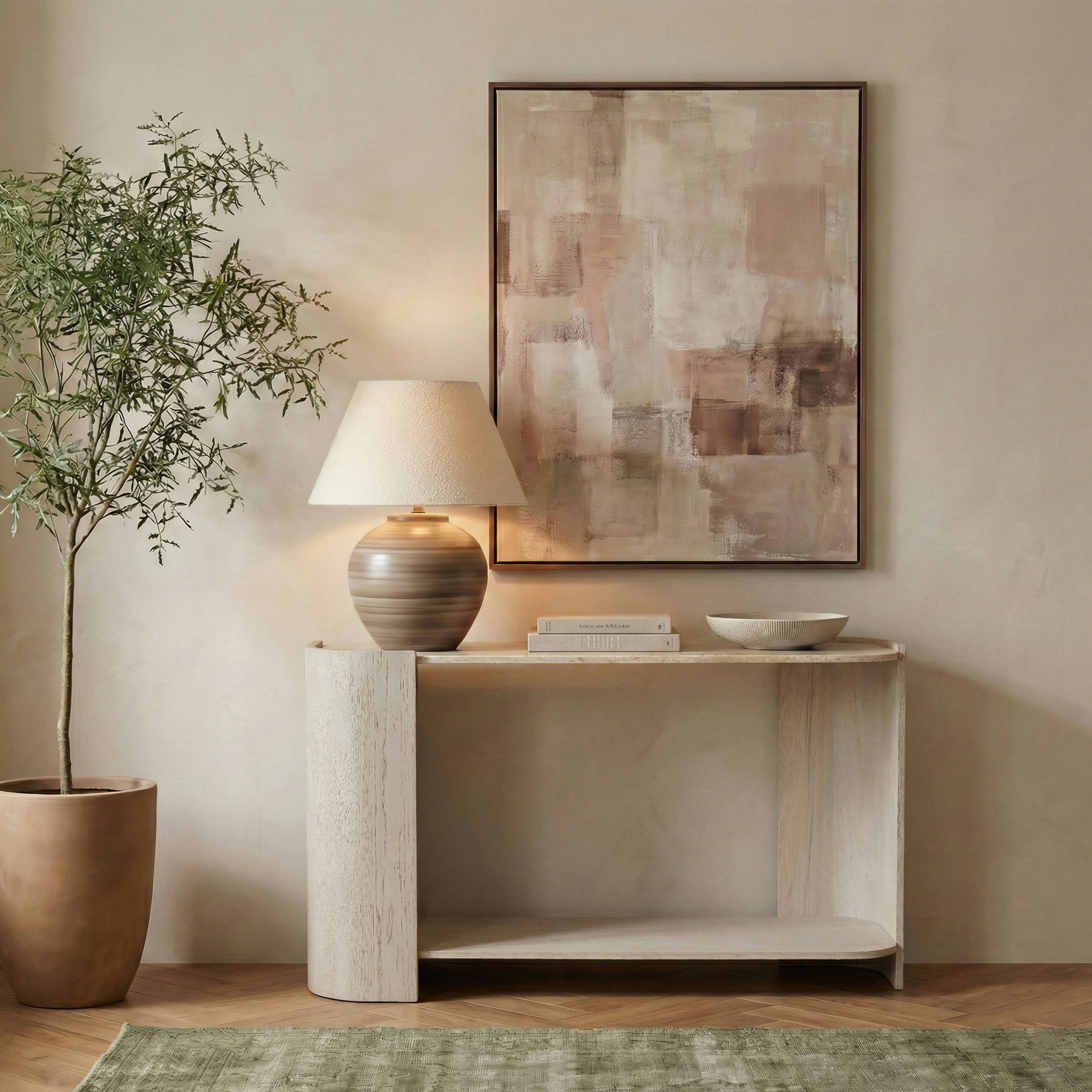 Calabria - Marble And Oak Wood Console Table - Beige / Cream