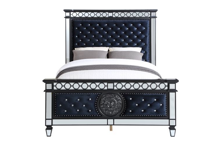 Varian II - Queen Bed - Mirrored, Dark Navy Blue Velvet & Black & Sliver, black, view 7
