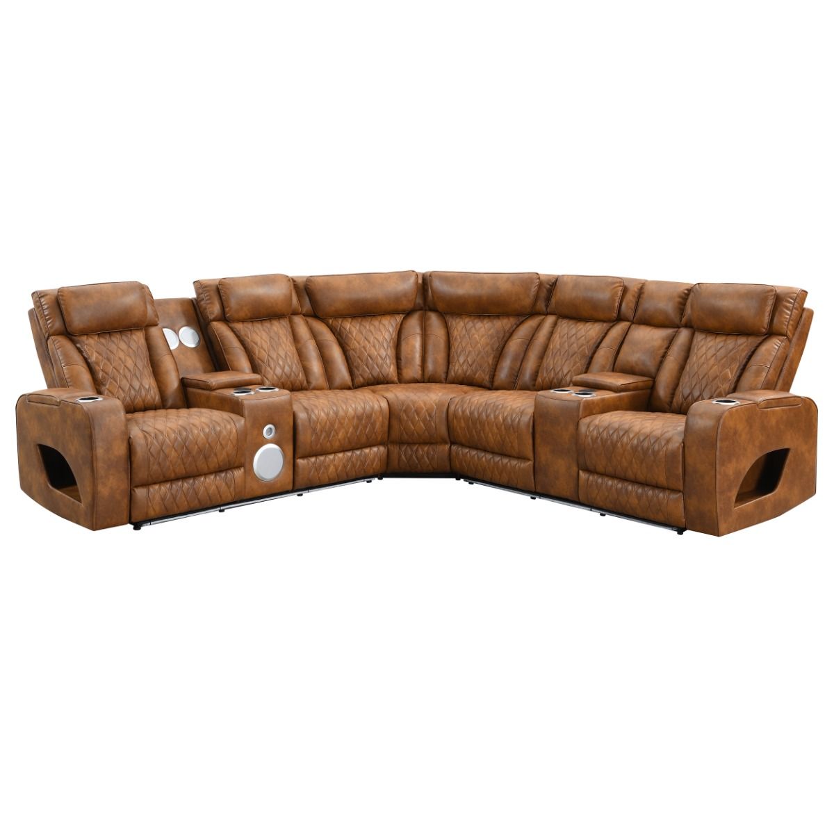 Taddeo - Power Motion Sectional Sofa With Power Headrest, Massage & LED - Two Tone Brown Leatherette, light brown, view 3