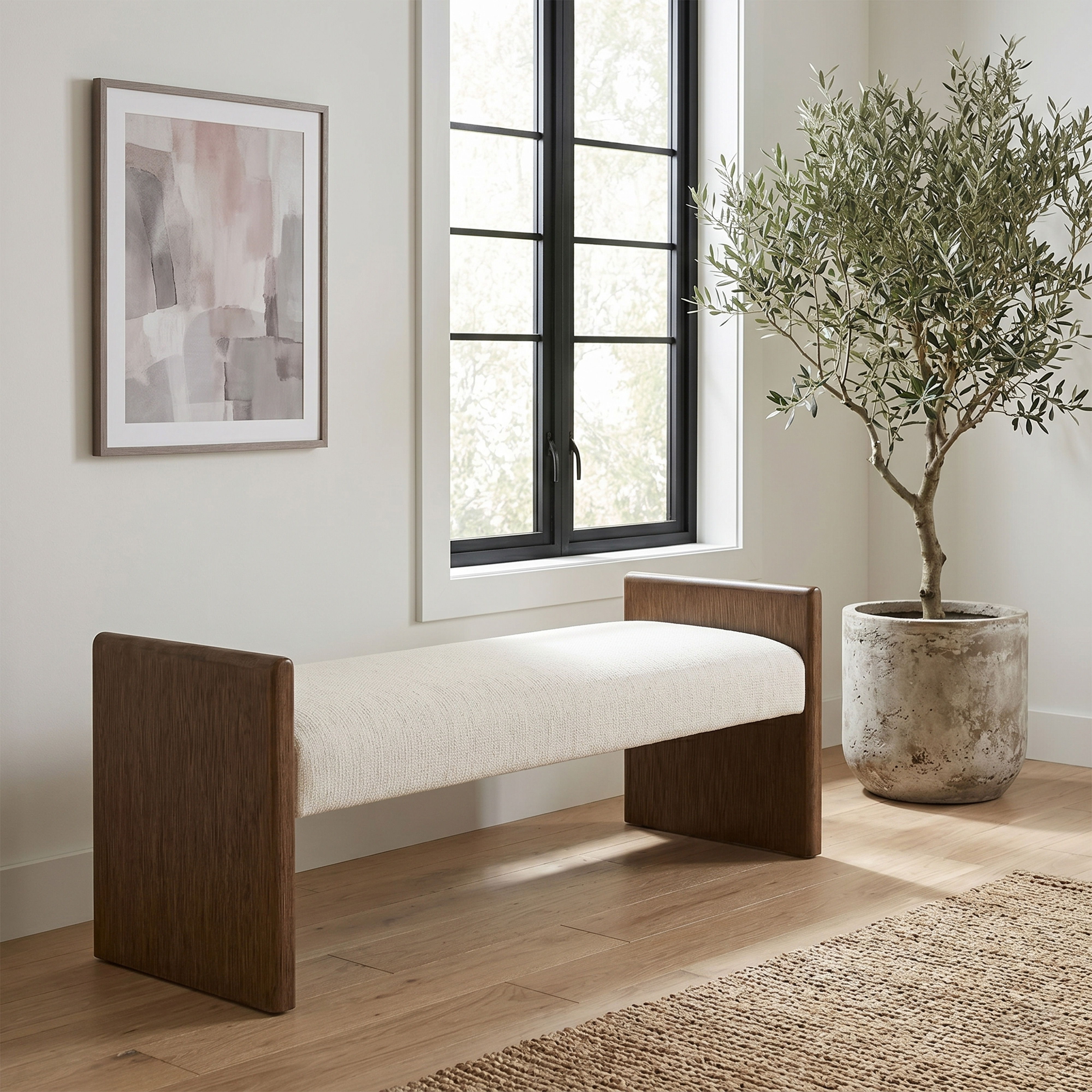 Hickory - Fabric Upholstered Bench - Cream / Brown