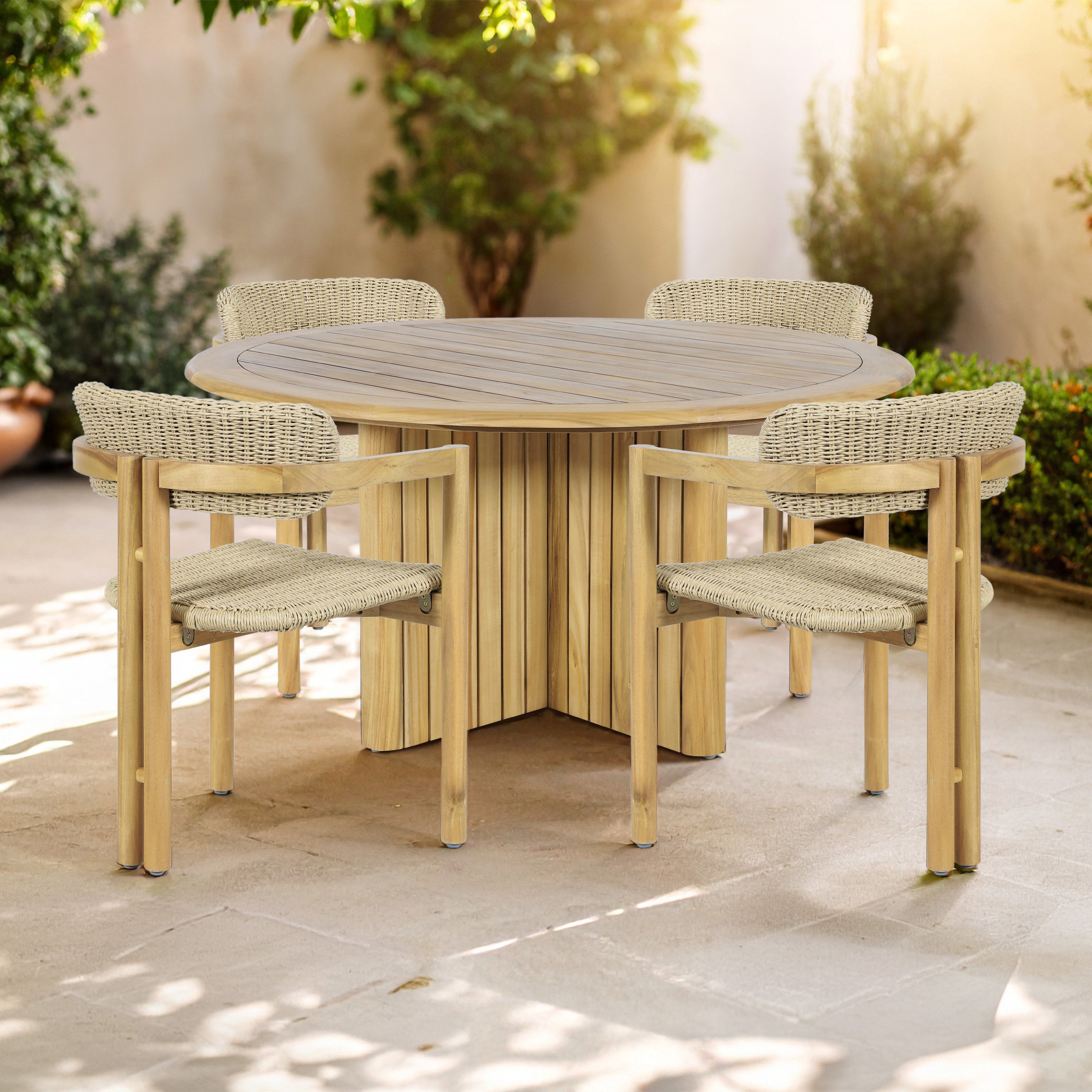 Sedona - 5 Piece Round Patio Dining Table With 4 Patio Chairs - Natural, light brown