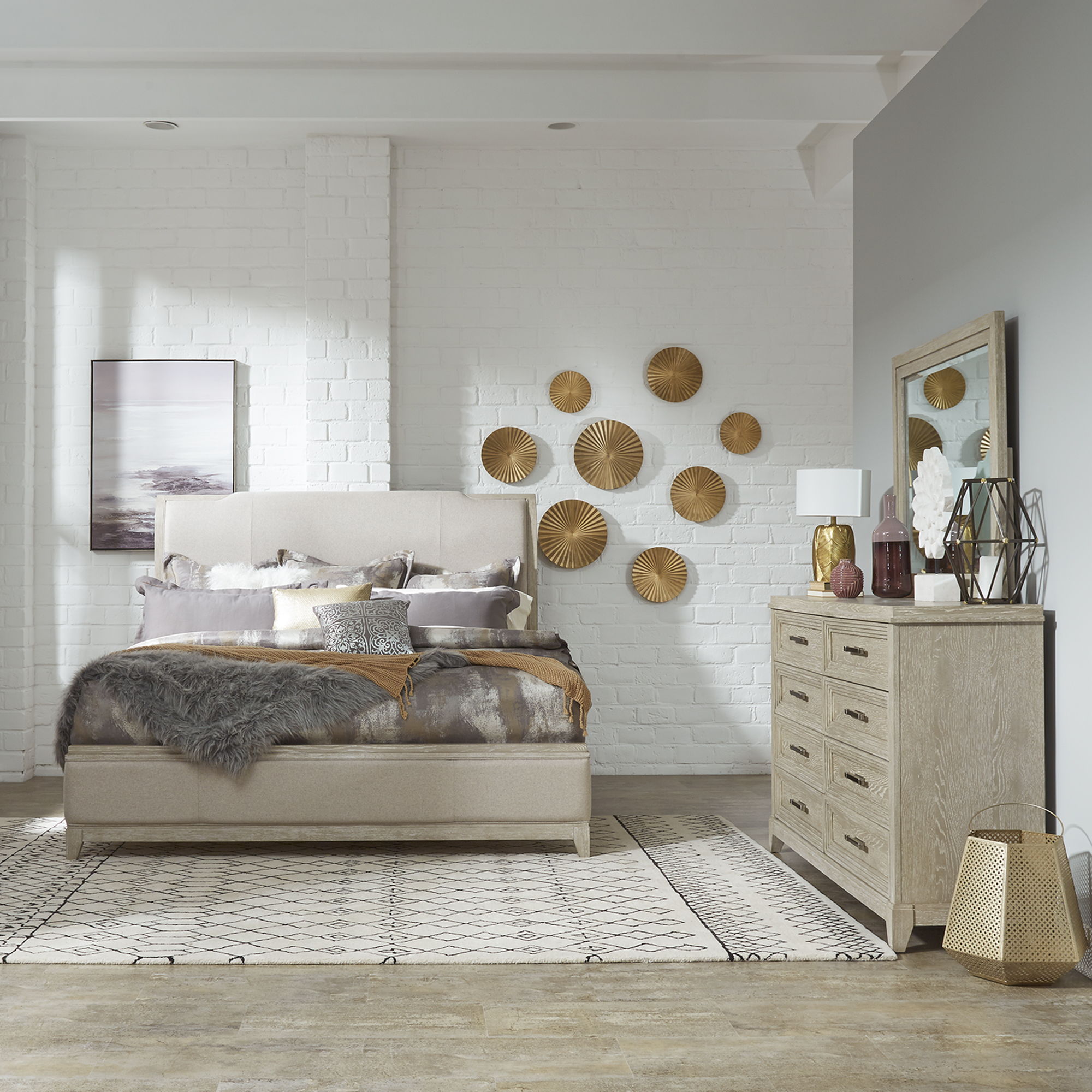 Liberty Furniture Belmar - 3 Piece Bedroom Set (Queen Upholstered Bed, Dresser & Mirror) - Washed Taupe