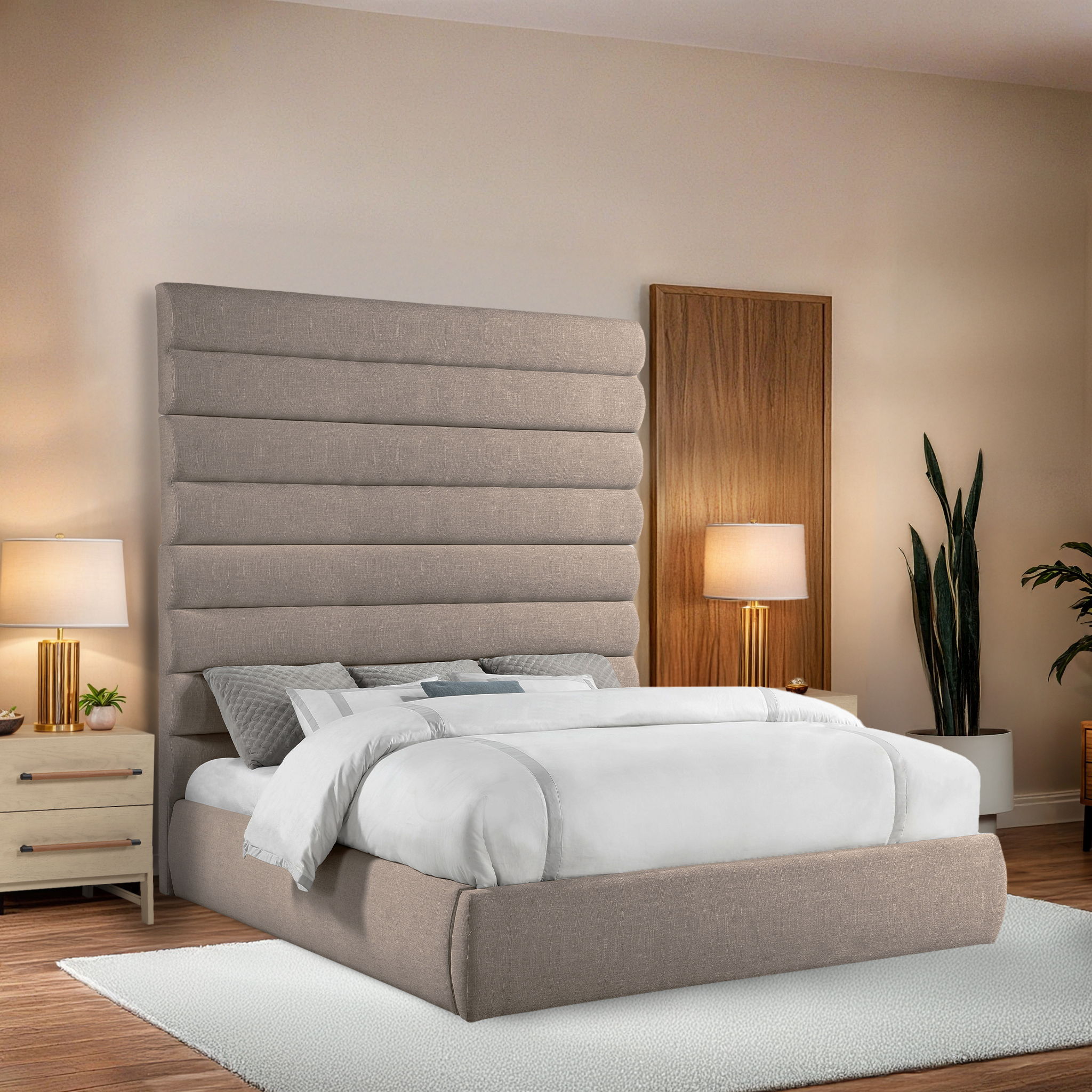 Adam - Linen Fabric King Bed With 89" Headboard - Beige