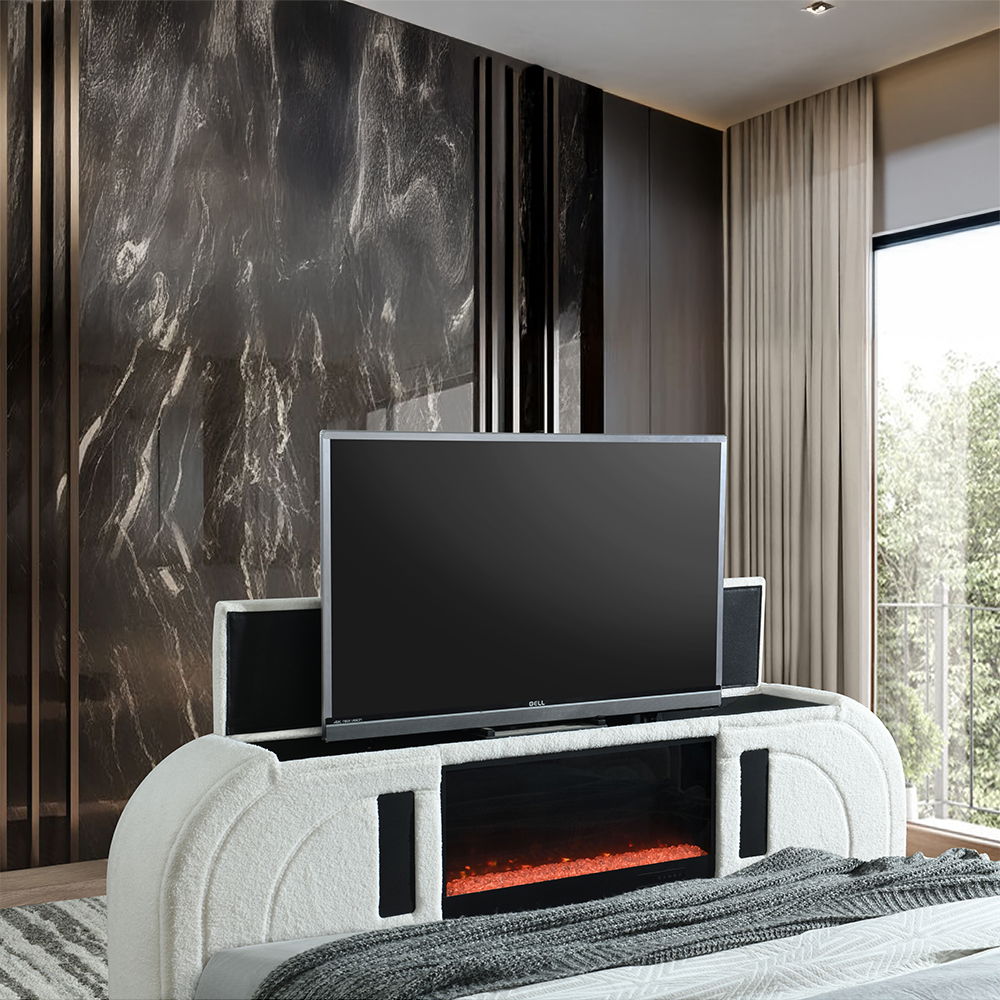 Shelyn - Queen Bed With LED, TV Cabinet, Fireplace & Bluetooth - White Teddy Sherpa & Chrome, white, view 7