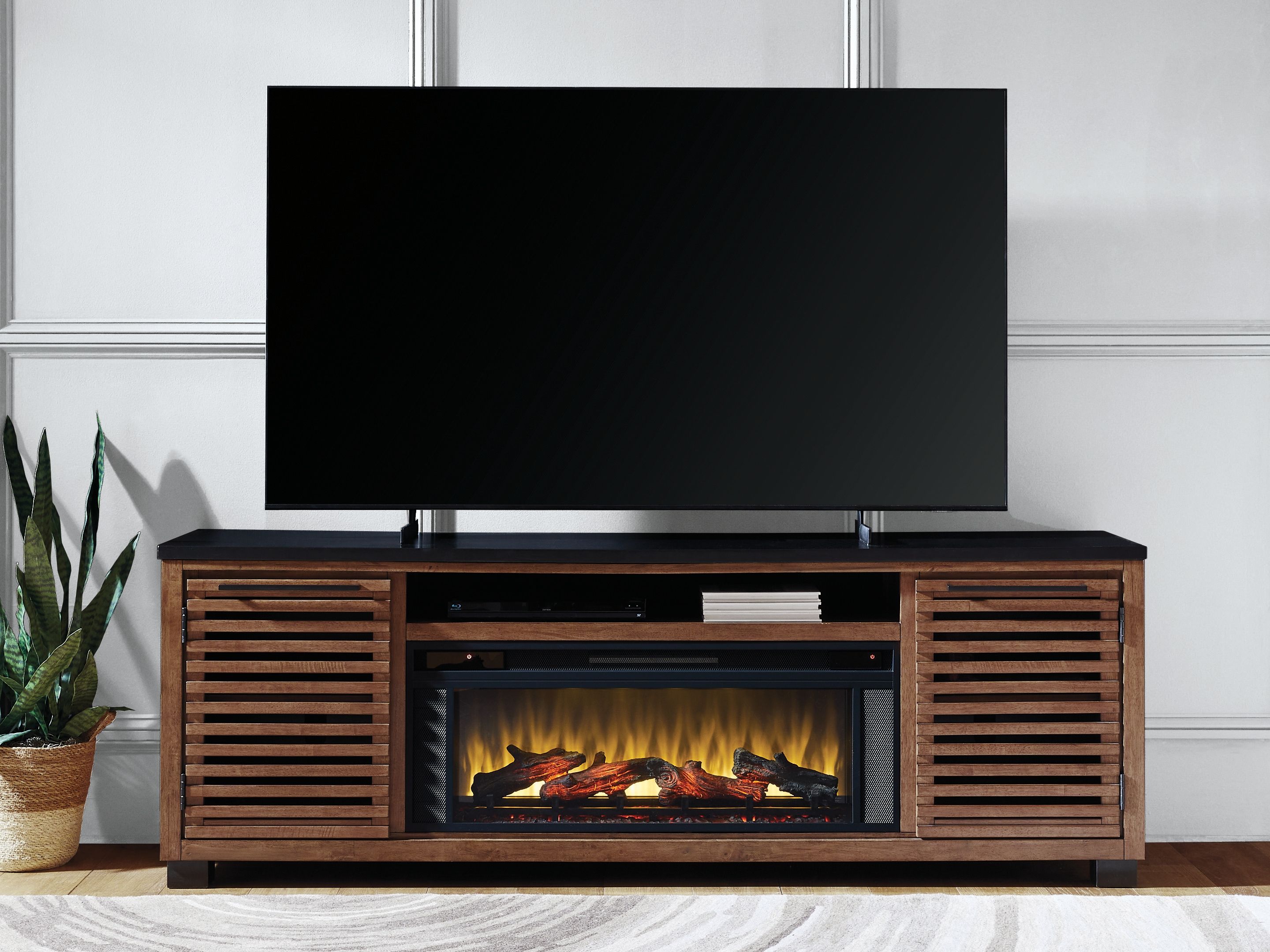 Ashley Furniture Kallari - 84" TV Stand With Electric Fireplace - Warm Brown / Black - Image 6