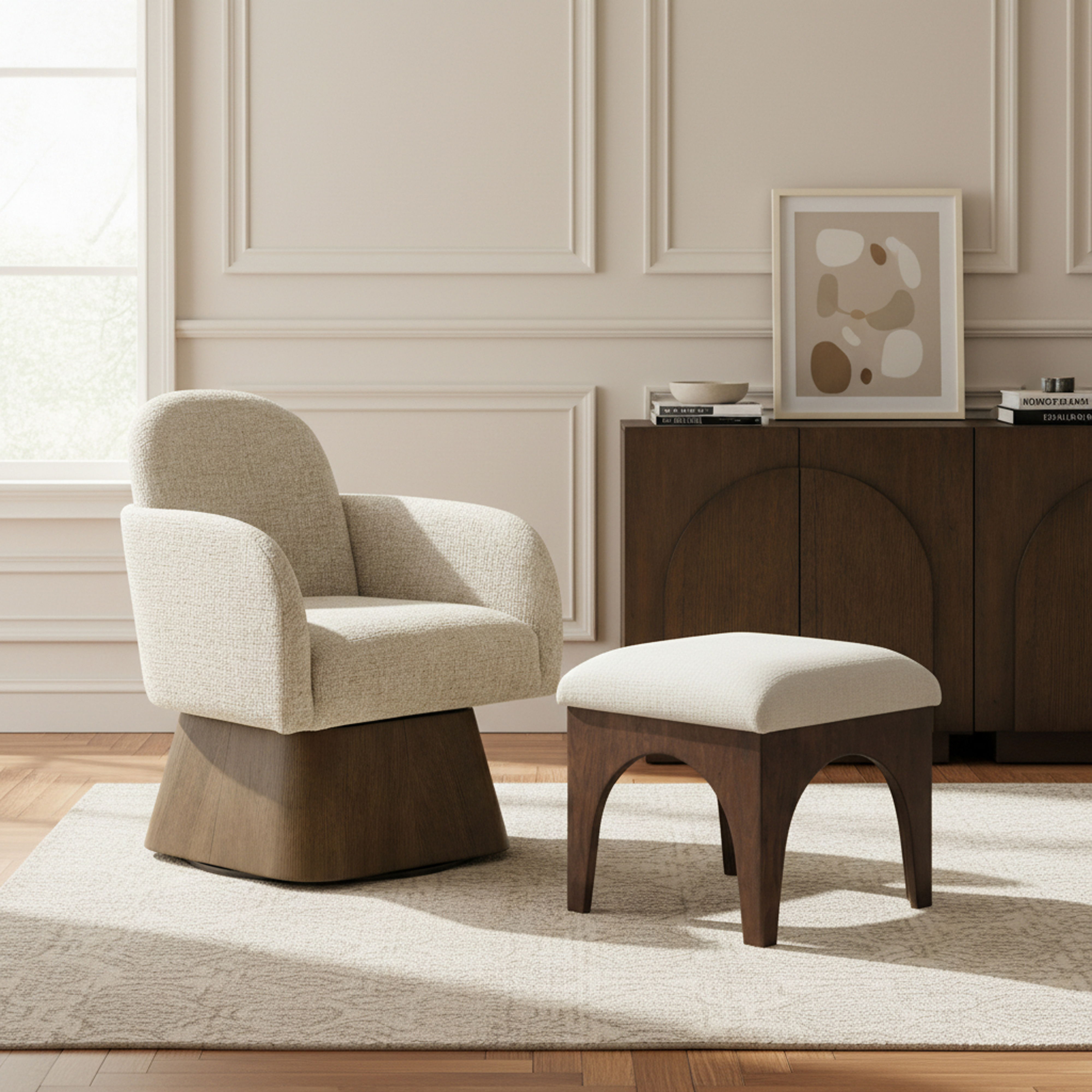 Marlowe - Linen Textured Fabric Upholstered Swivel Accent Chair - Beige / Stained Brown