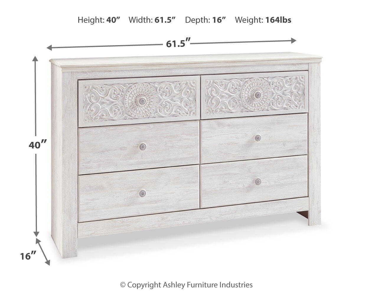 Ashley Furniture Paxberry - Six Drawer Dresser - Medallion Drawer Pulls - Whitewash - Image 7