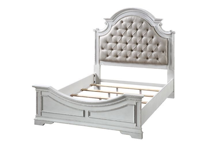 Florian - Queen Bed - Beige Synthetic Leather & Antique White, white