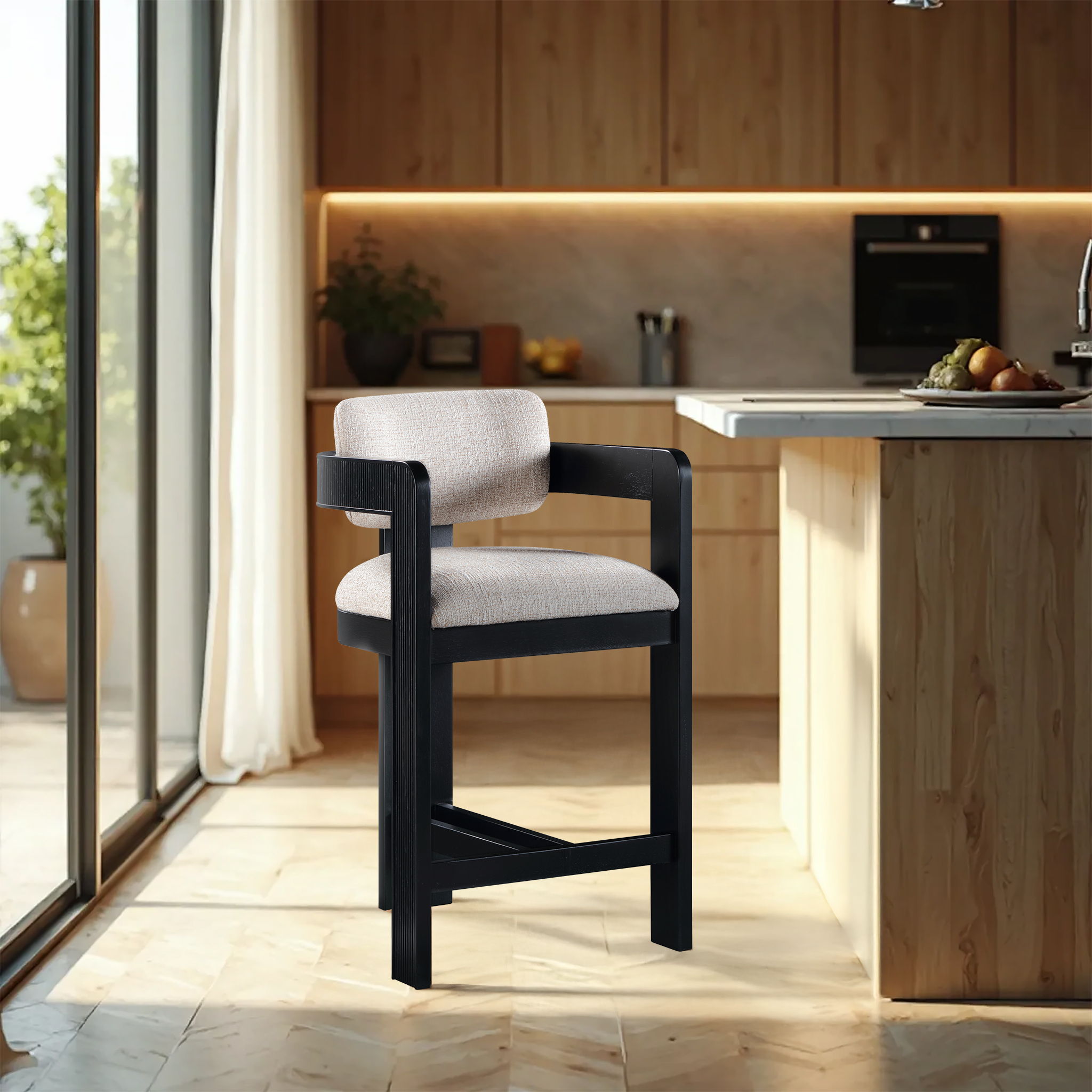 Sacha - Linen Stool With Black Base - Beige