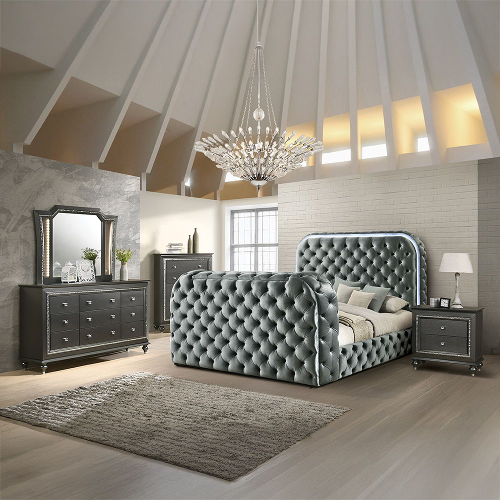 Kana - Queen Bed With LED, Fireplace & TV Stand - Gray Upholstery Velvet, gray, view 3
