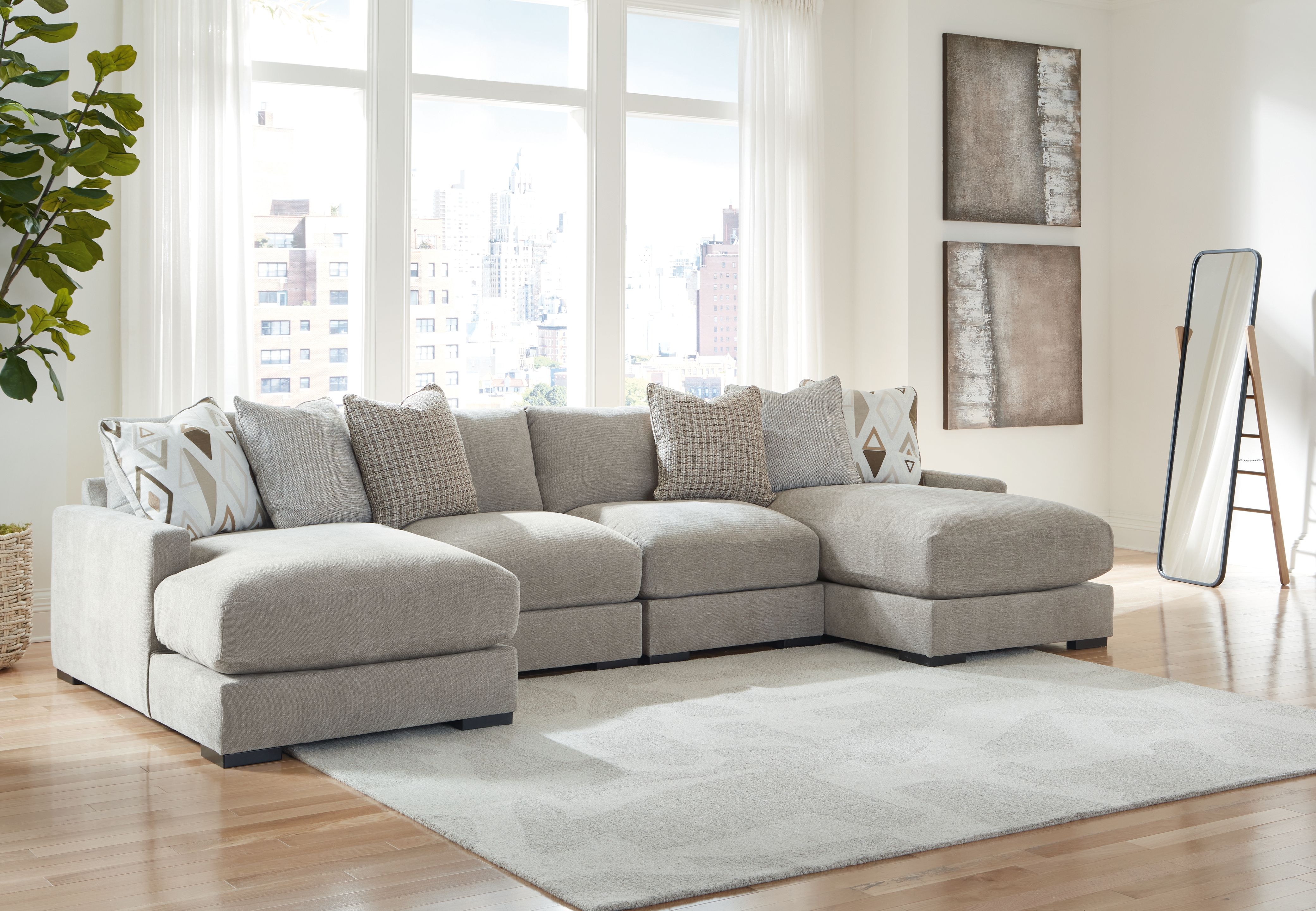 Ashley Furniture Aslan Court - 5 Pc. - 4-Piece Sofa Pit Sectional, Ottoman - Pebble - Image 3