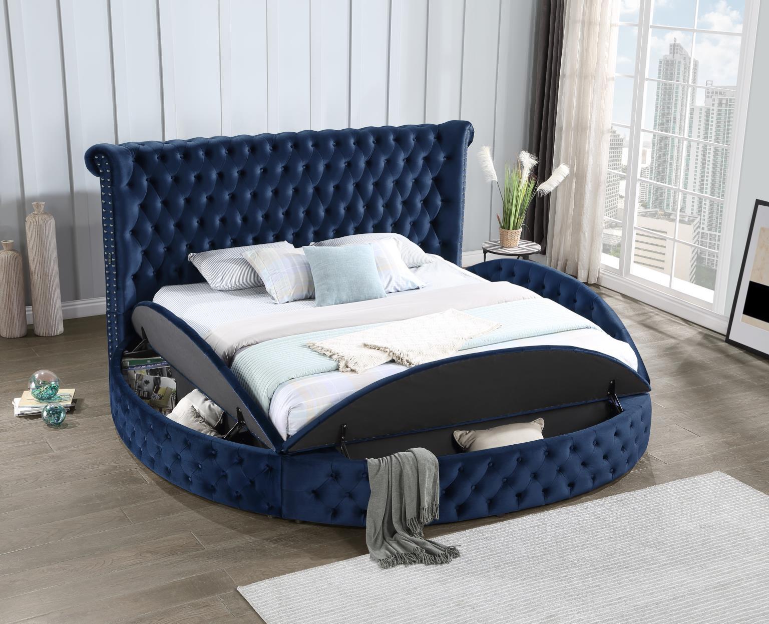 B547 - Velvet King Bed With Bluetooth Speaker & USB - Blue