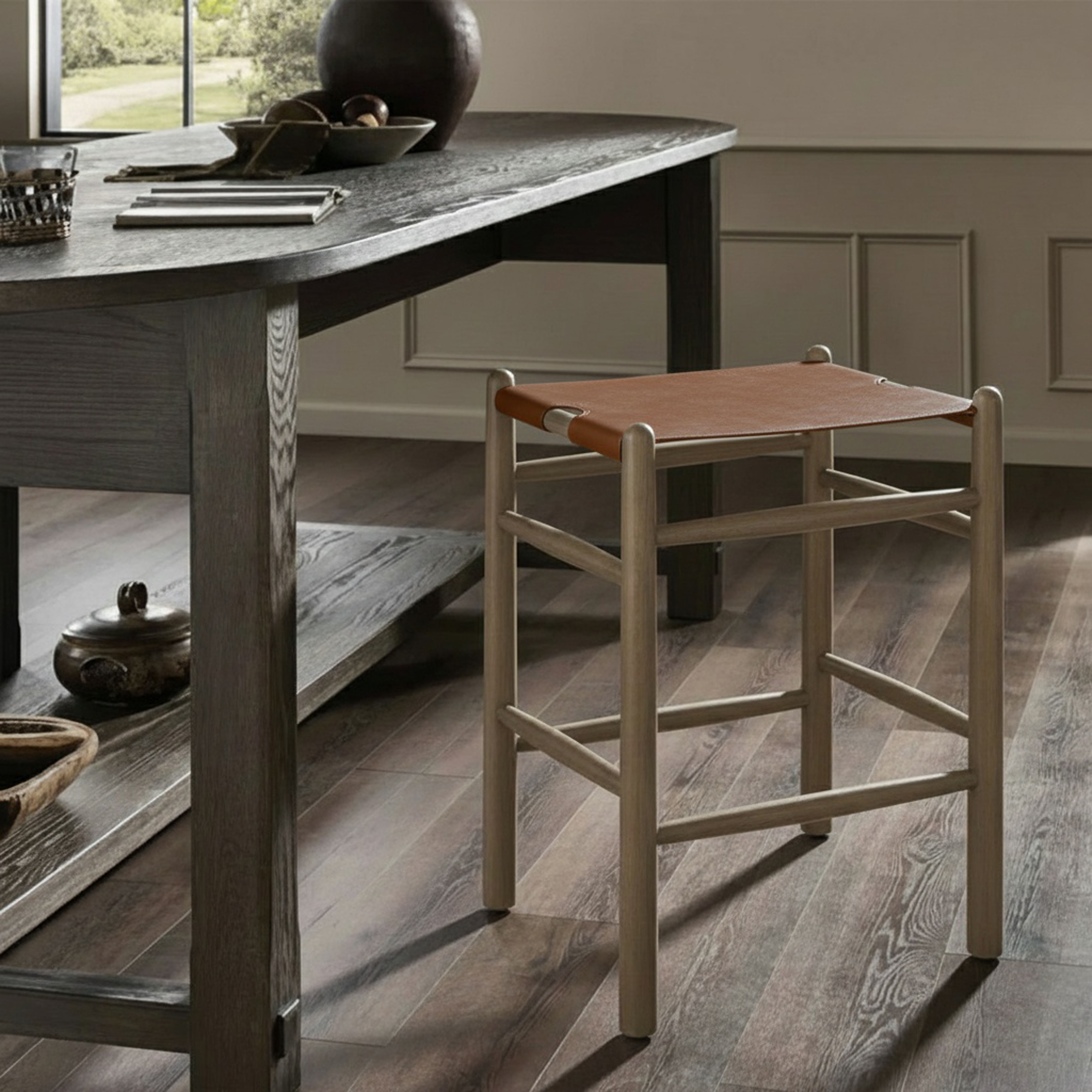 Santos - Vegan Leather Upholstered Backless Counter Stool - Brown / Stained Brown