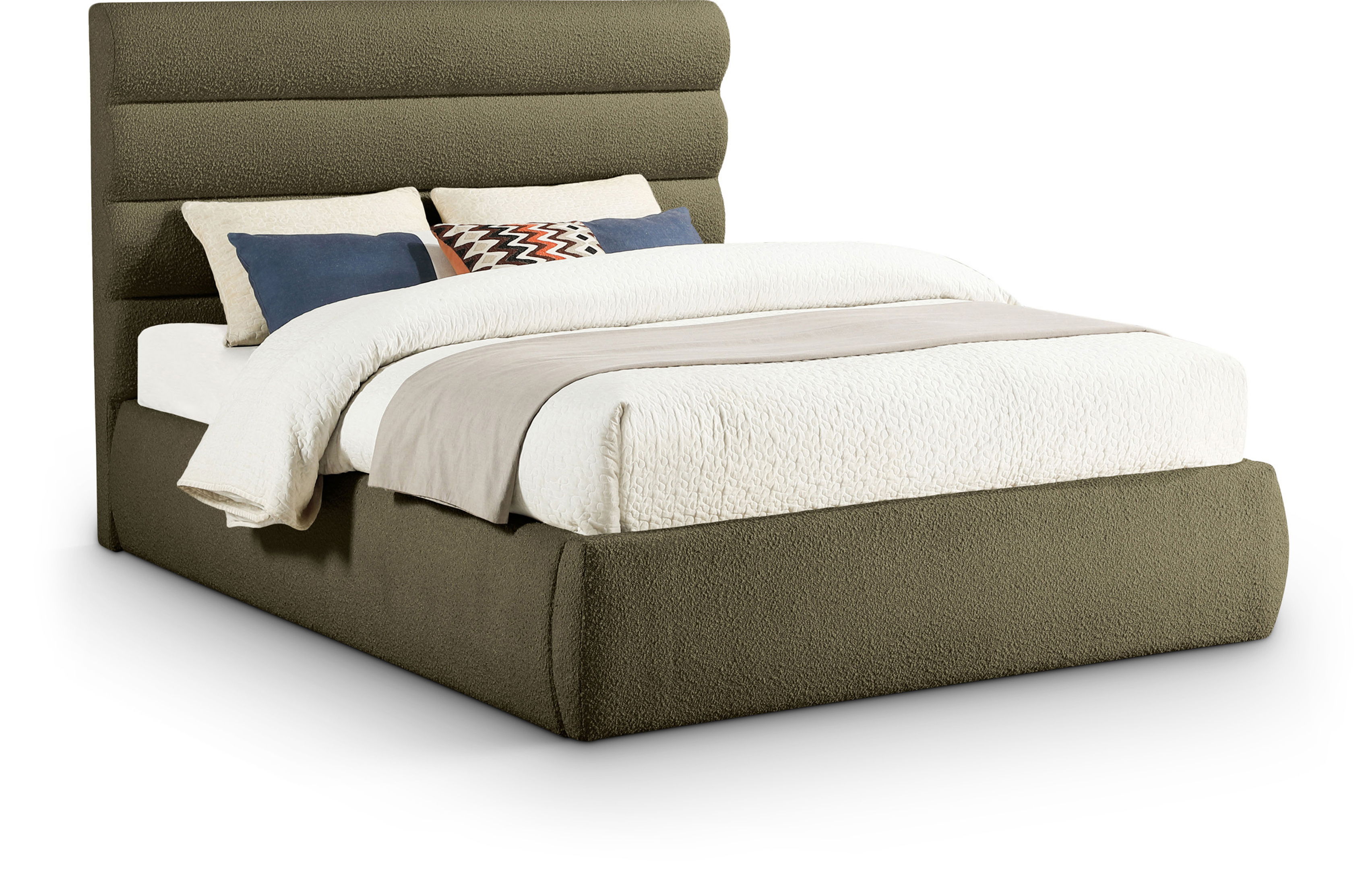 Adam - Boucle Fabric Queen Bed With 52" Headboard - Olive