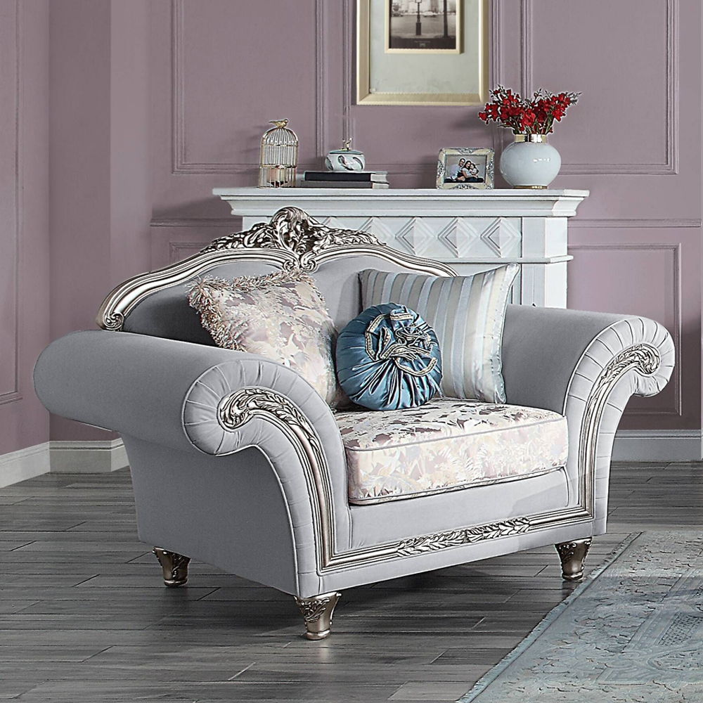 Pelumi - Chair With 3 Pillows - Light Gray Linen & Platinum, gray