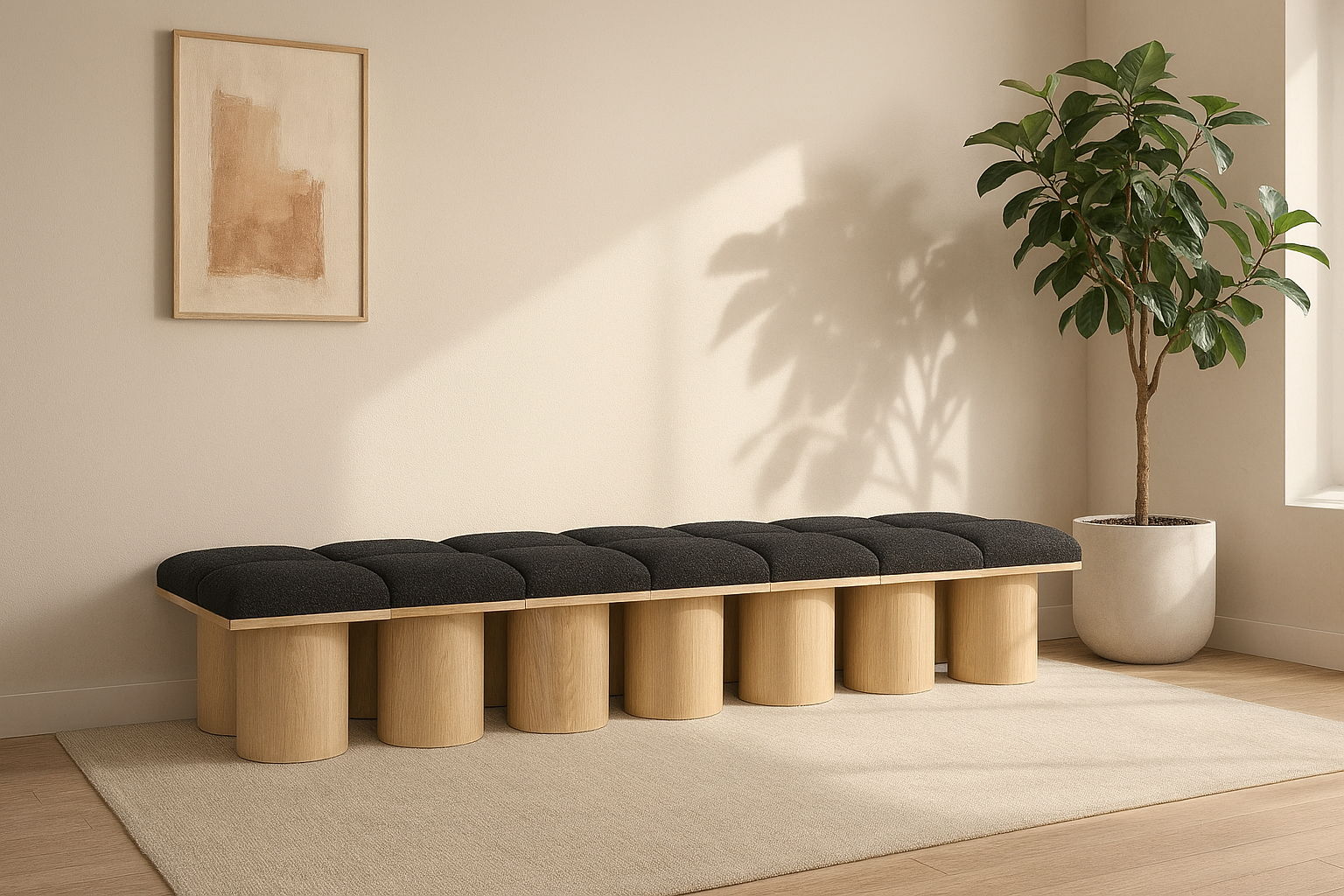 Pavilion - 126" 14 Piece Modular Bench With Natural Base - Black