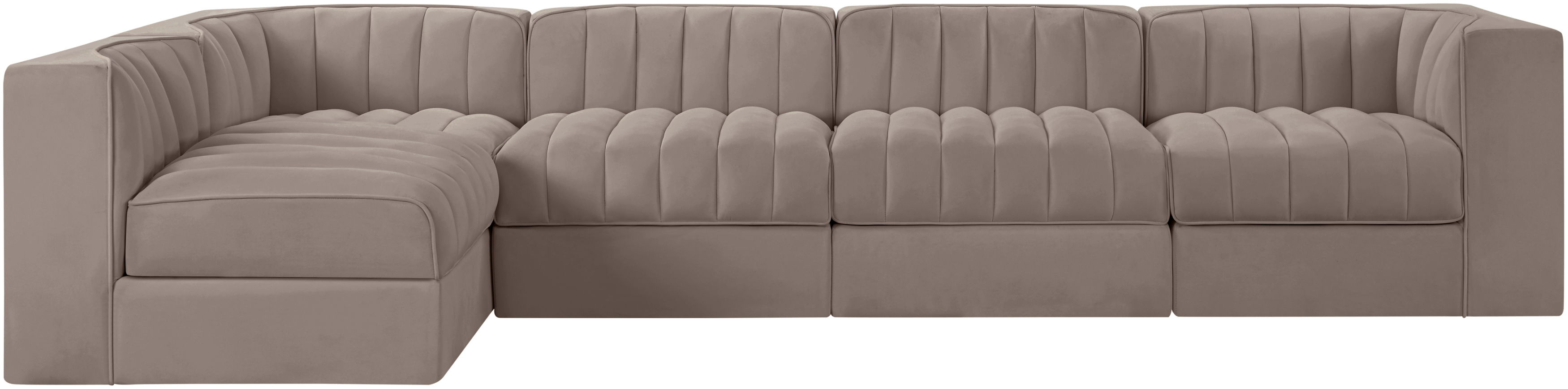 Rummi - Velvet Performance Fabric Upholstered 5 Piece Modular Sectional, L-Shaped (Right) - Taupe