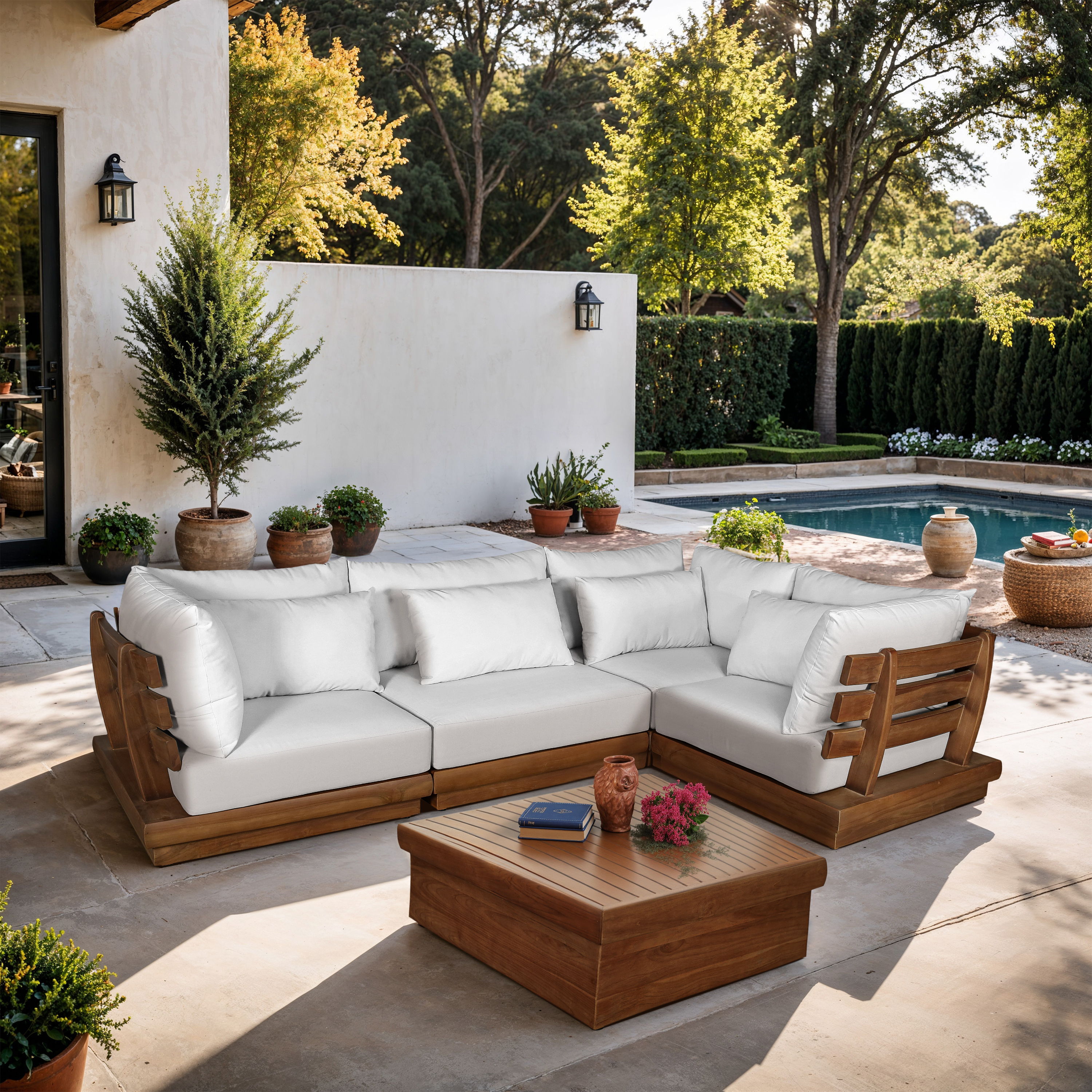 Mirella - 4 Piece Water Resistant Fabric 113" Upholstered Outdoor Patio Modular Sectional - Off-White