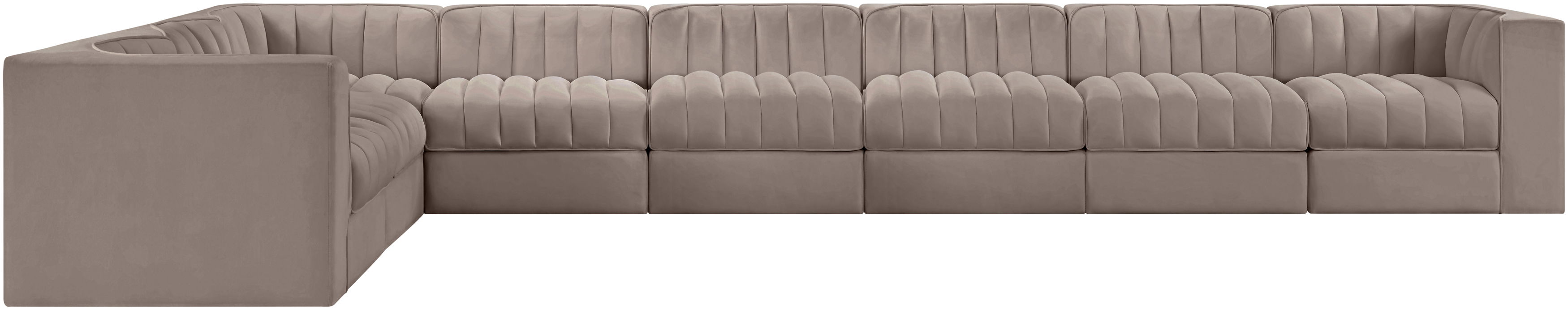 Rummi - Velvet Performance Fabric Upholstered 8 Piece Modular Sectional (With 3 Corner Chairs) - Taupe