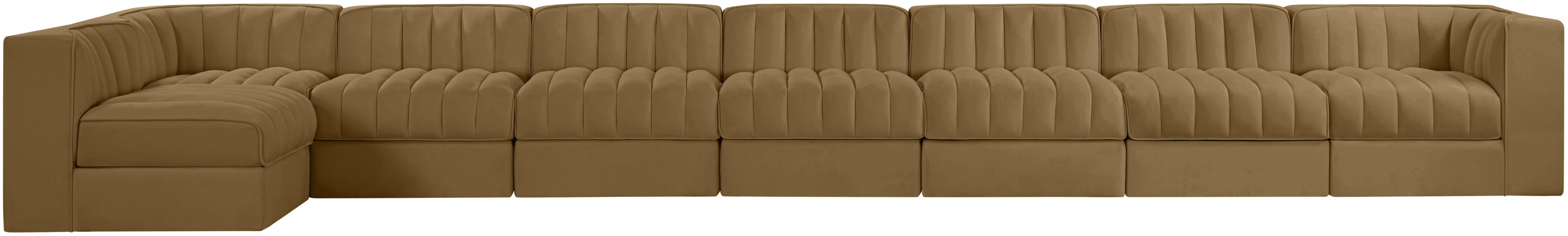 Rummi - Velvet Performance Fabric Upholstered 8 Piece Modular Sectional, L-Shaped (Right) - Saddle