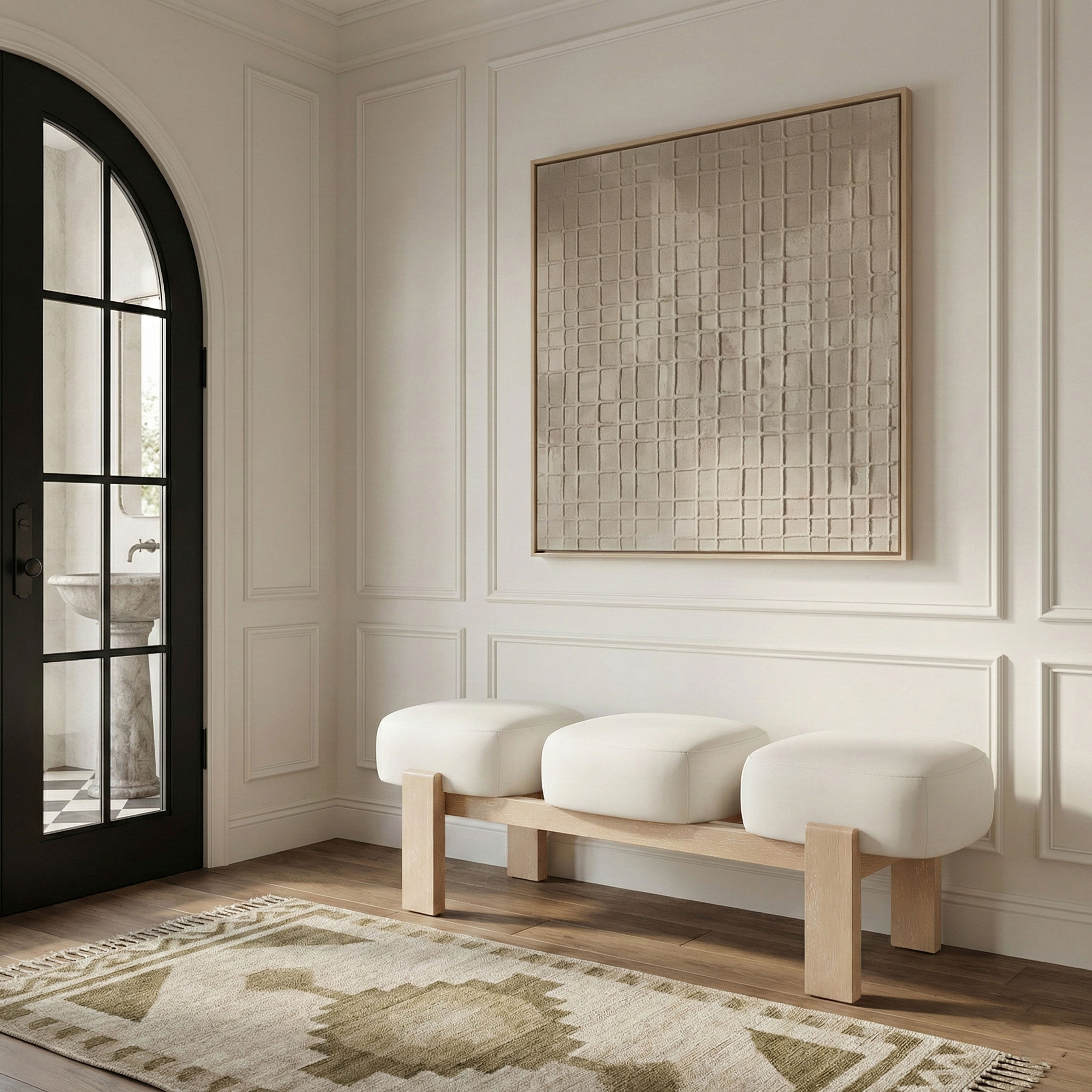 Woodcrest - Vegan Leather Upholstered Bench - Cream / Painted Natural