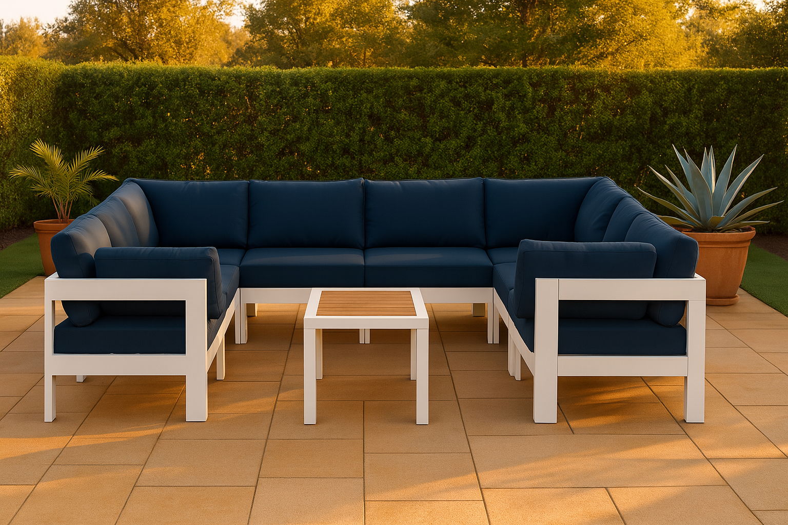 Nizuc - Outdoor Patio 8 Piece Modular U-Shaped Sectional With White Frame - Navy